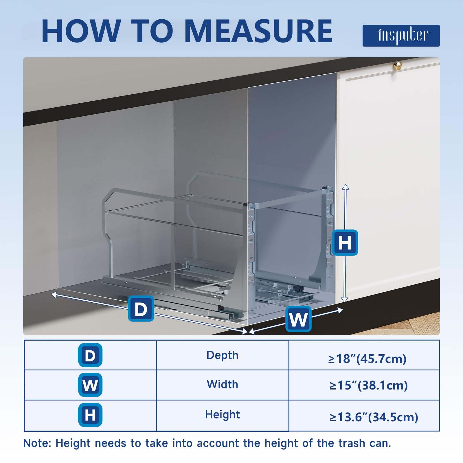 Insputer Pull Out Trash Can Under Cabinet with Push to Open Slides, Heavy Duty Under Sink Garbage Can Kit for Kitchen, Laundry, Not Included Bin, Requires 15" W X 18" D Cabinet (Grey)