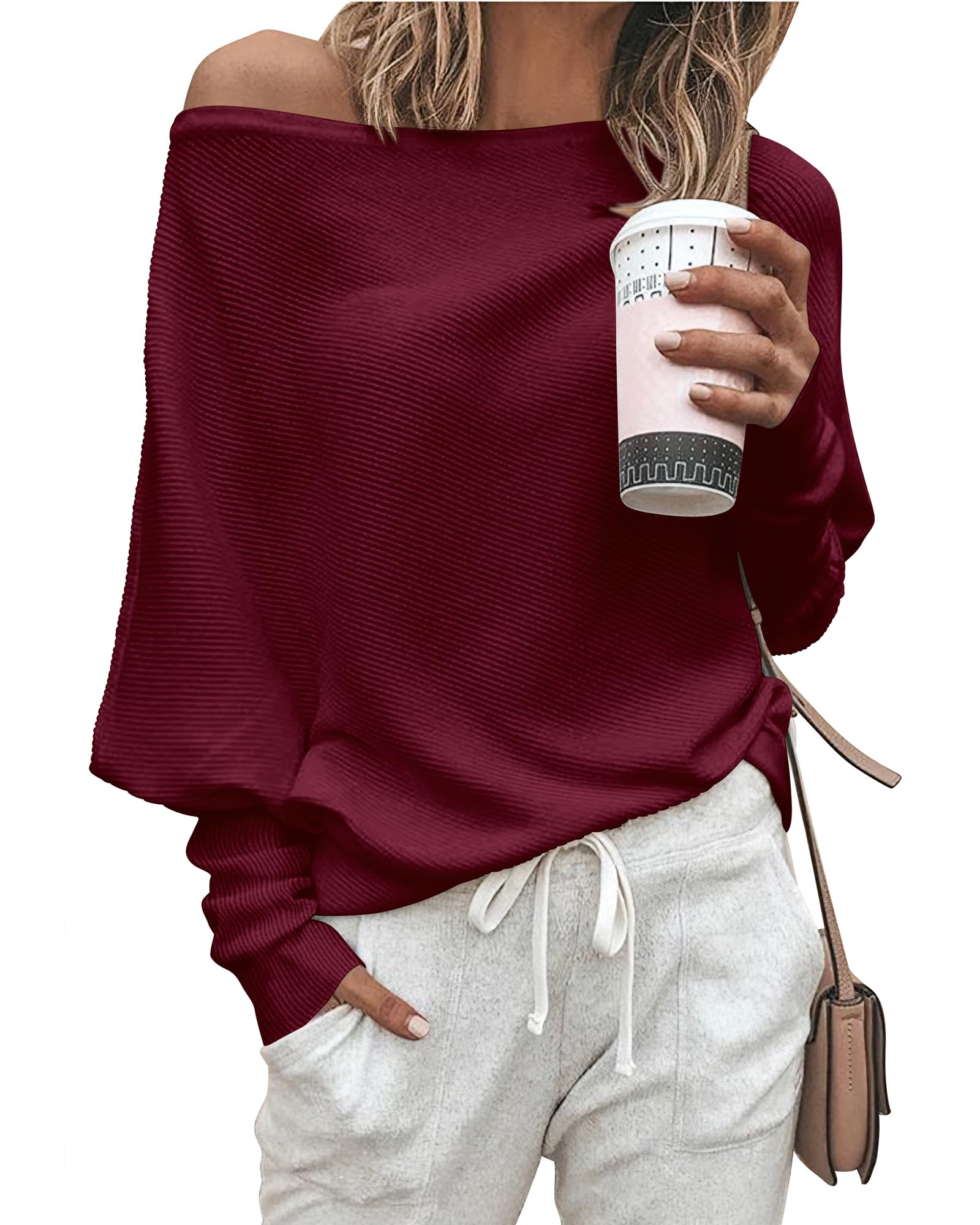 Zenlonr Women's Fall Sweaters 2026 Casual Long Batwing Sleeve Loose Off Shoulder Knit Pullovers Jumper Tops