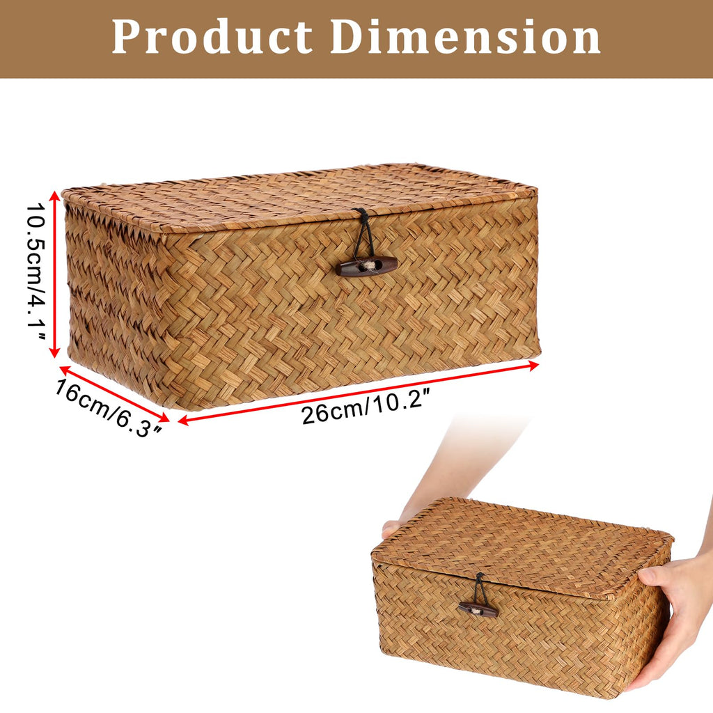 Sumnacon Wicker Basket with Lid Rectangle Woven Baskets for Toiletries Tampon Storage,Wicker Storage Basket with Lid,Decorative Seagrass Storage Baskets for Shelf Bathroom Toilet Table, Caramel
