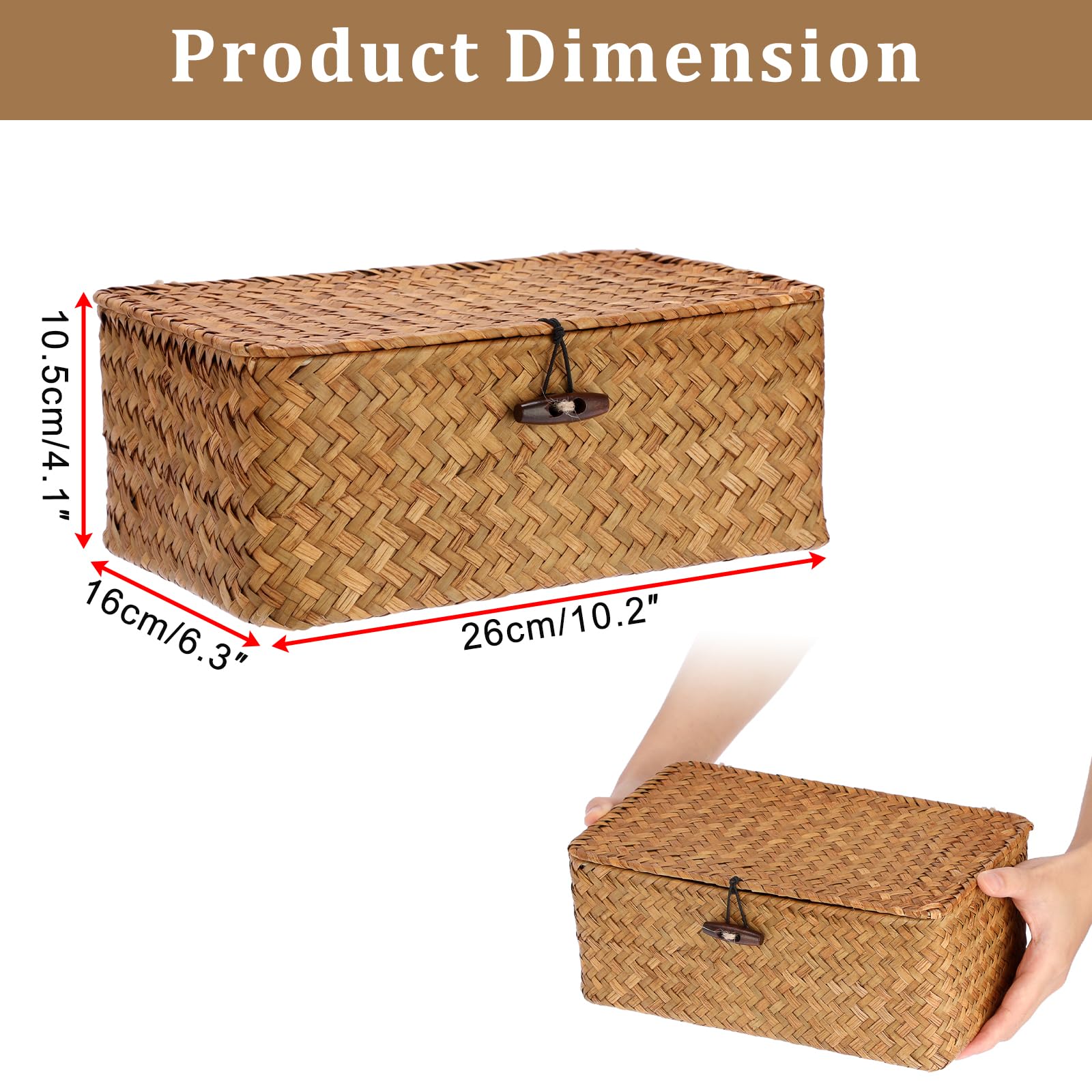 Sumnacon Wicker Basket with Lid Rectangle Woven Baskets for Toiletries Tampon Storage,Wicker Storage Basket with Lid,Decorative Seagrass Storage Baskets for Shelf Bathroom Toilet Table, Caramel