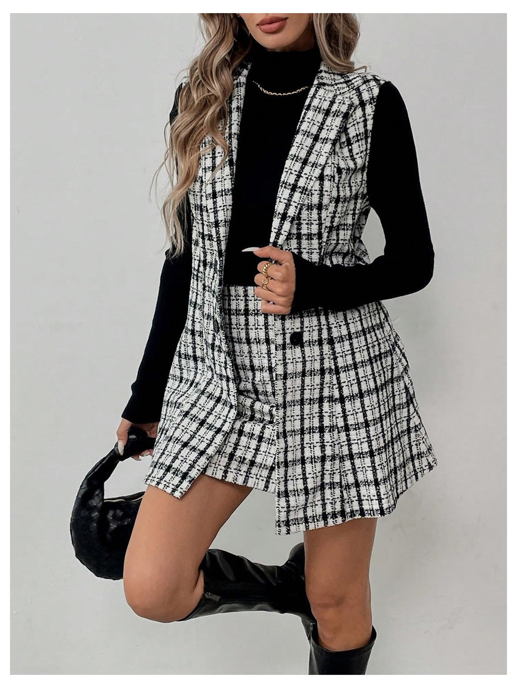 Floerns Women's 2 Piece Outfit Workwear Plaid Print Lapel Neck Vest Blazer and Skirt Set