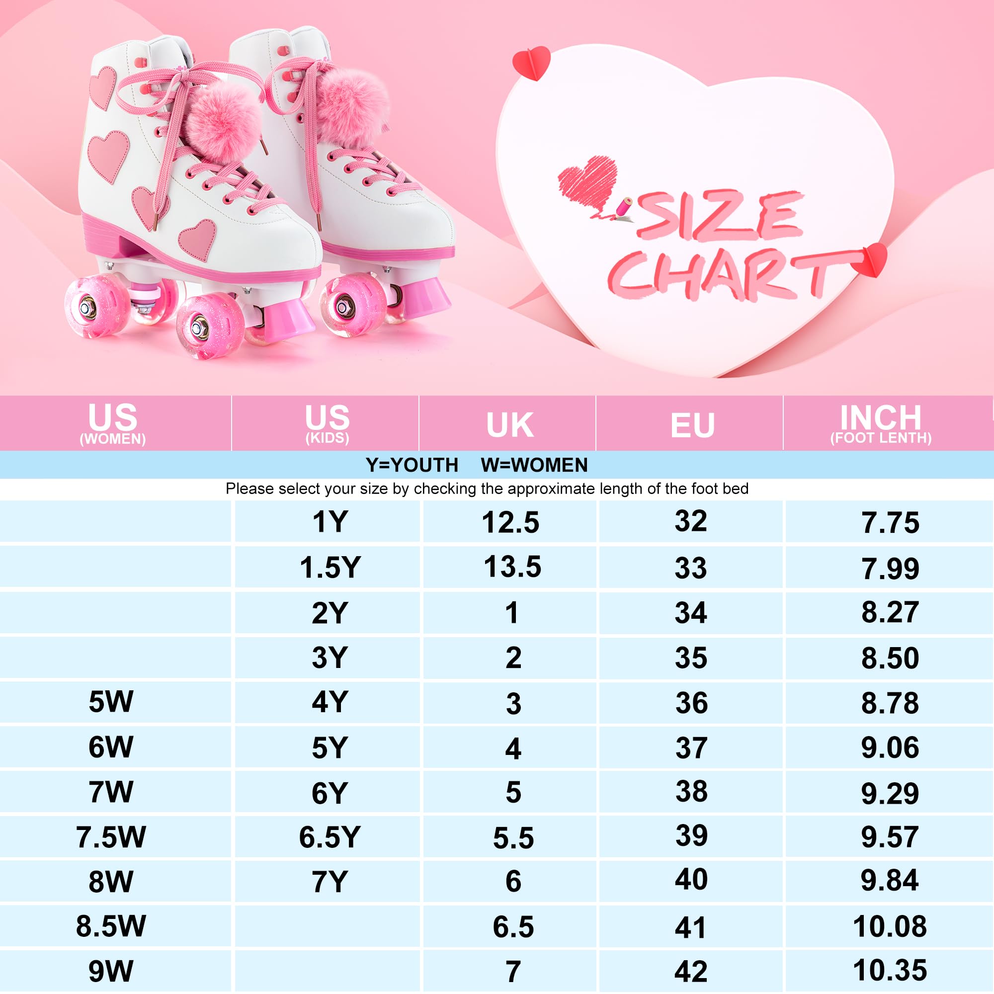 Ruthfot Women's and Girl's Classic Roller Skates with Light up Wheels and Love Heart Pattern, High-top PU Leather Rollerskates…
