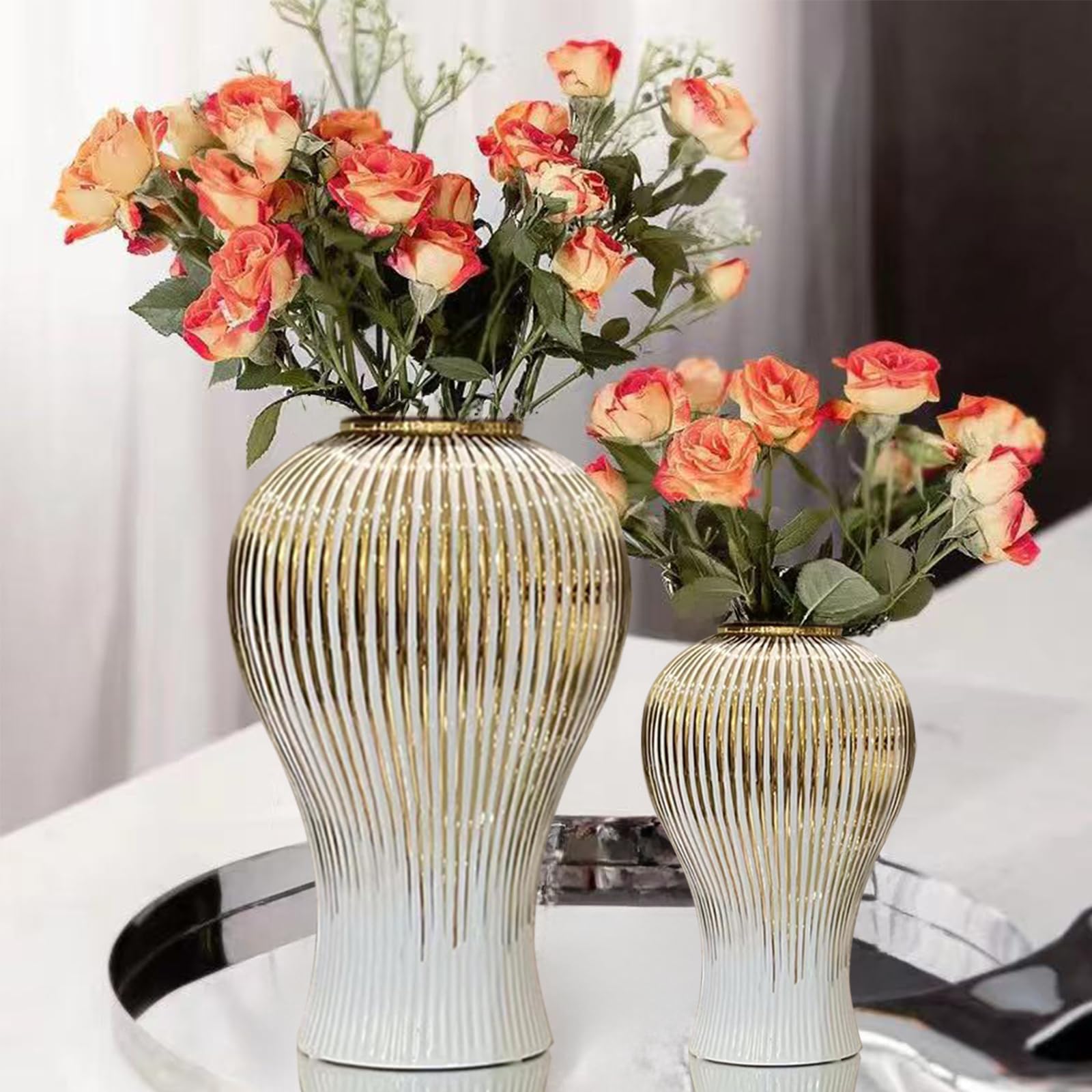 Ginger Jar, White Gold Ceramic Vase Large Handmade Porcelain Vases with Lid, White Gold Decorative Flower Vase for Home, Living Room, Weddings, Centerpieces (18in with Lid)