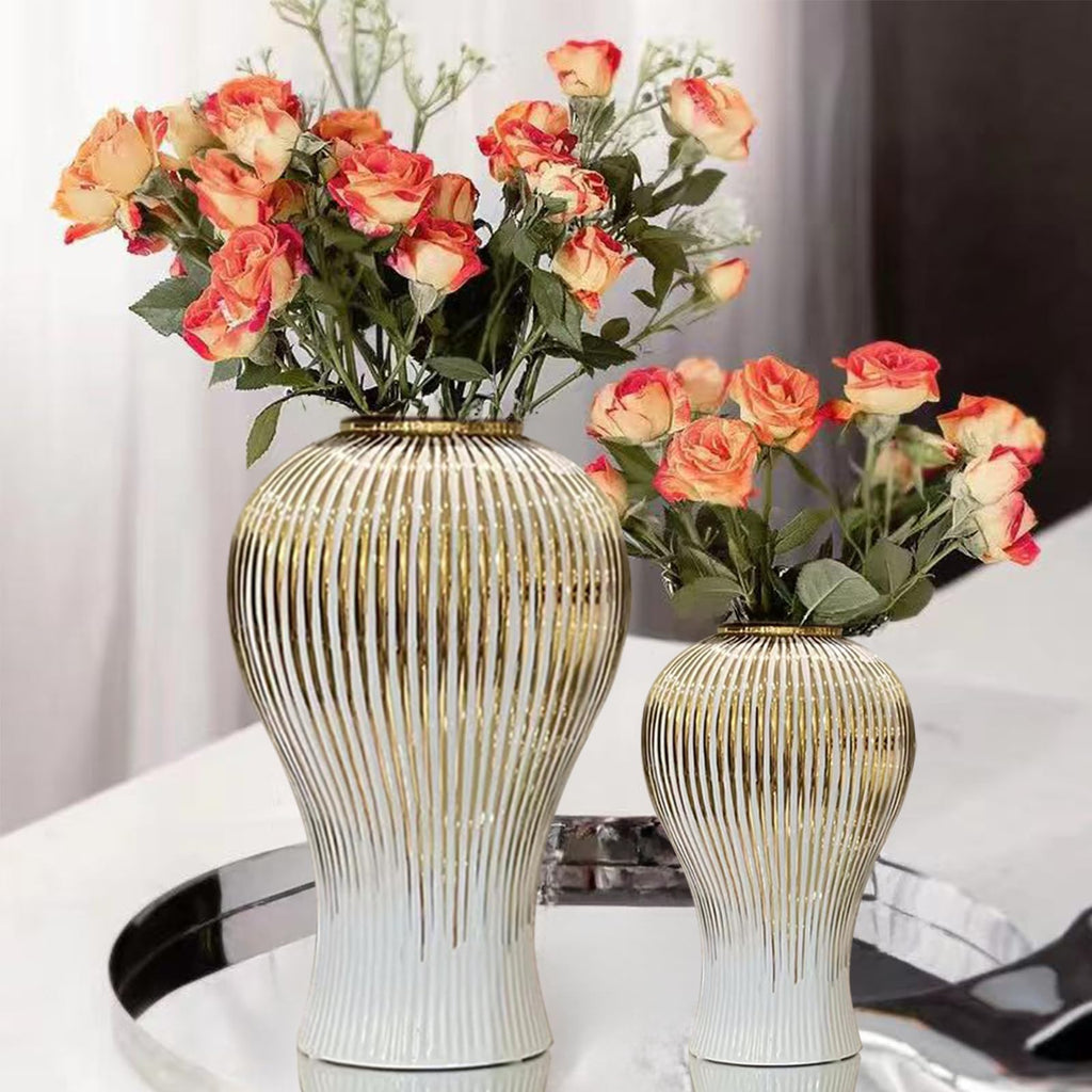 Ginger Jar, White Gold Ceramic Vase Large Handmade Porcelain Vases with Lid, White Gold Decorative Flower Vase for Home, Living Room, Weddings, Centerpieces (18in with Lid)