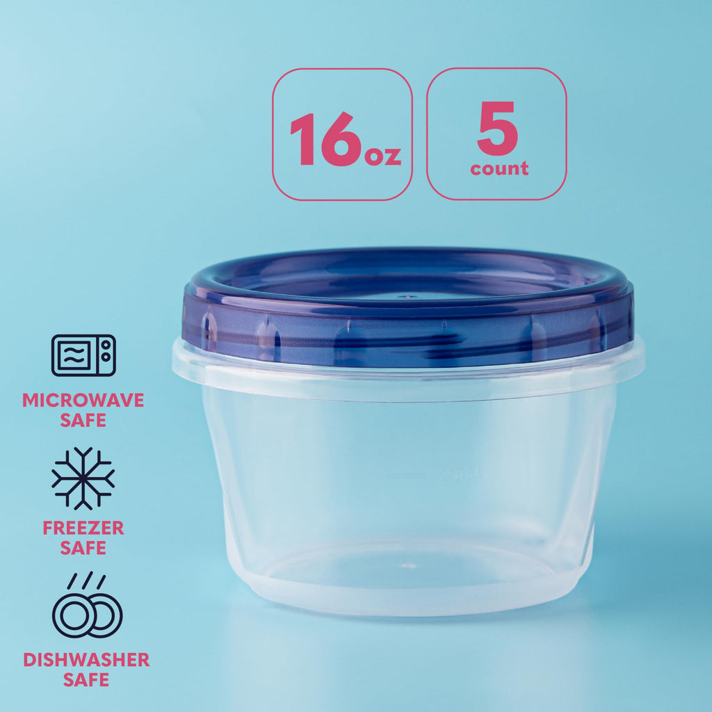Plastic Food Deli Containers With Twist Top Lids - (16 Oz) - [5 Pack] - Food Storage Containers Takeout To Go - Microwave, Freezer & Dishwasher Safe BPA-Free