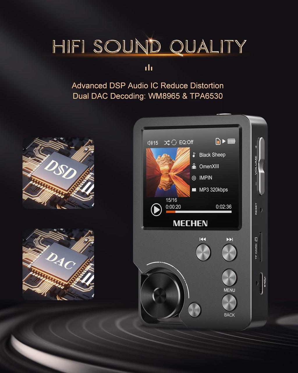 MECHEN M30 HiFi MP3 Player, Lossless DSD High Resolution Digital Audio Music Player, High-Res Portable Audio Player with 64GB Memory Card (Gold)