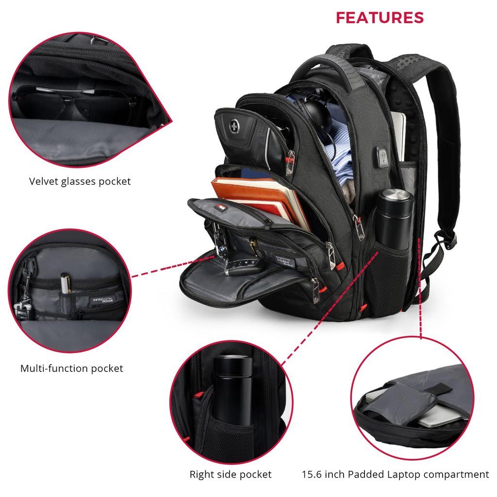 Swissdigital Design Travel Backpack for Women or Men, TSA Friendly USB Charging RFID Protection Business Carry on Bag Fits 15.6" Laptop Backpack Black | J14-BR