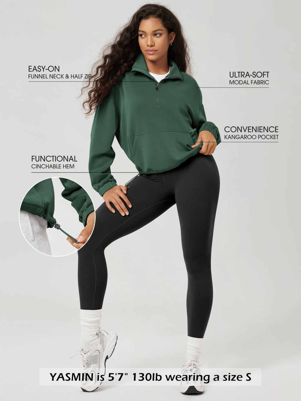 ODODOS Women's Modal Soft Cinchable Sweatshirts Half Zipper Funnel Neck Oversize Pullover with Pockets
