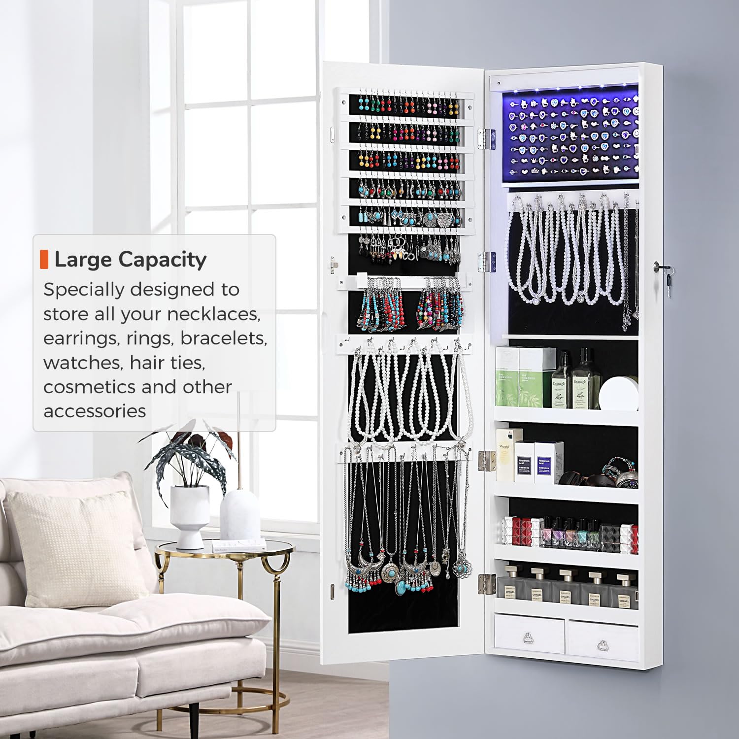 GISSAR Full Length Mirror Jewelry Cabinet, 6 LEDs Jewelry Armoire Wall Mounted Over The Door Hanging, Jewelry Organizer Storage with Lights Lockable, Black, 14.6" x 47.2"