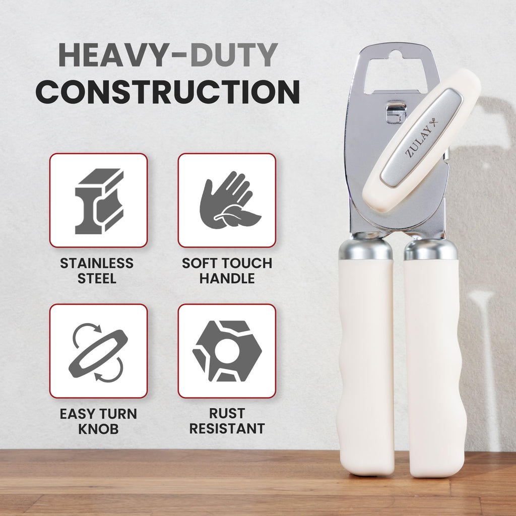 Zulay Kitchen Heavy Duty Stainless Steel Can Opener Manual with Bottle Opener - Rust Proof Manual Can Opener With Turn Knob & Comfy Soft Grip Handles - Airy Lilac