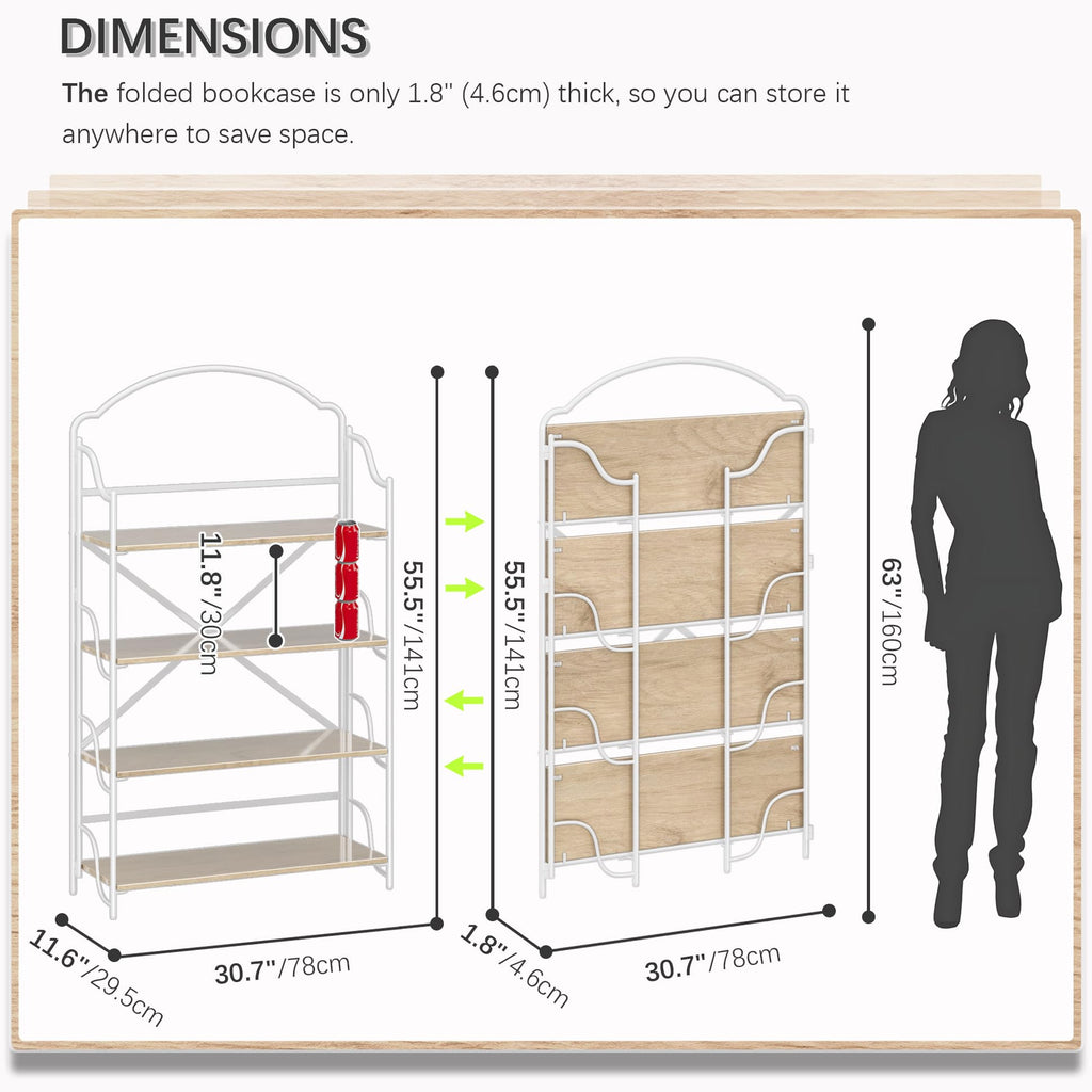 4NM No Assembly Folding Bookshelf, 3 Tiers Collapsible Book Shelves Open Industrial Foldable Storage Bookcase Shelf for Bedroom, Living Room, Home Office - Natural and White