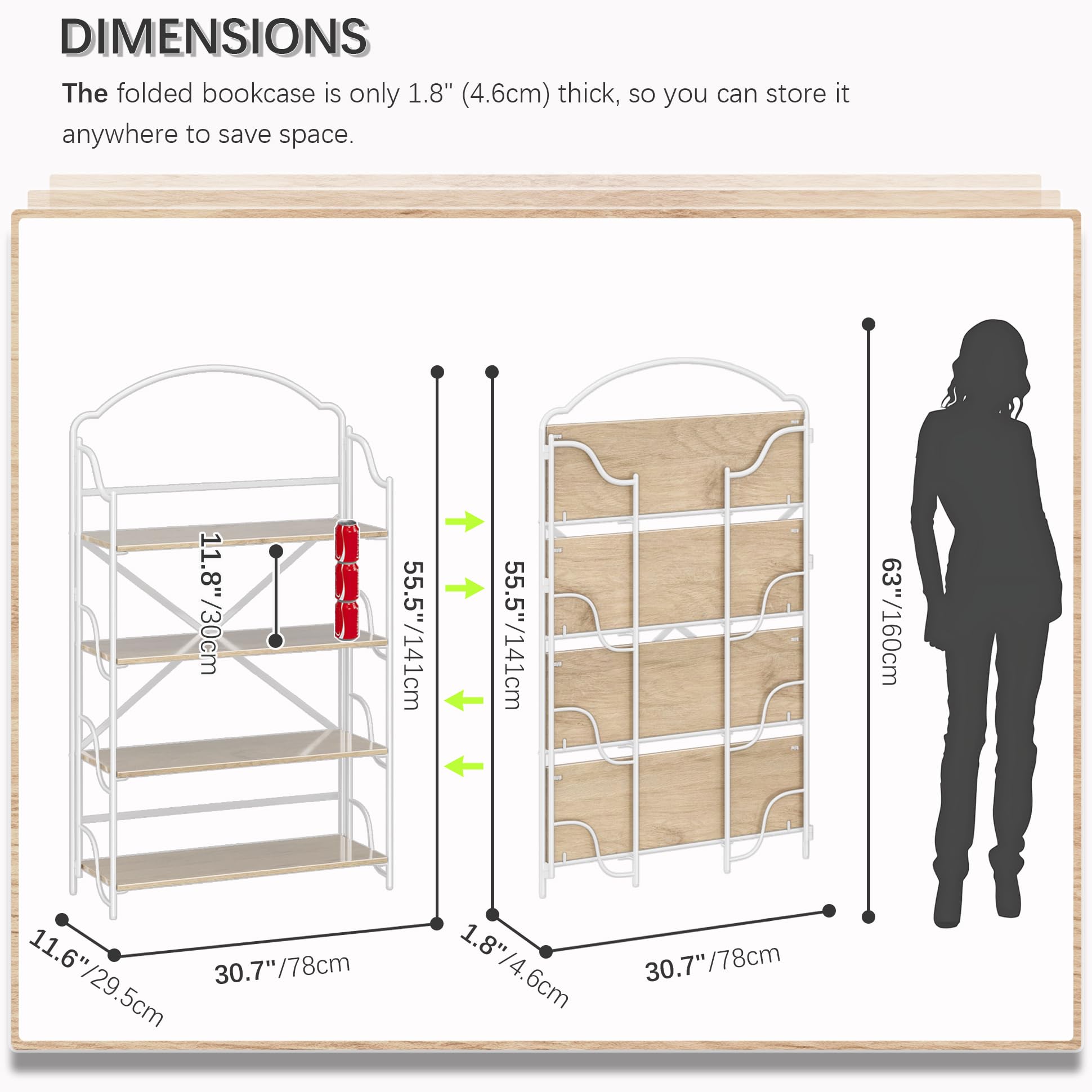 4NM No Assembly Folding Bookshelf, 3 Tiers Collapsible Book Shelves Open Industrial Foldable Storage Bookcase Shelf for Bedroom, Living Room, Home Office - Natural and White