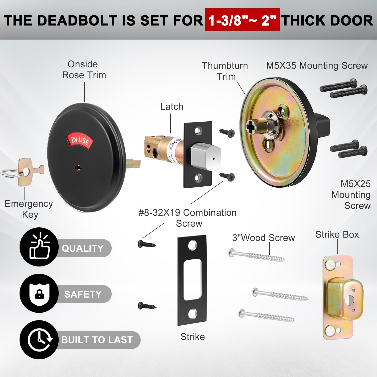 Tandefio 1 Pcs Vacant Occupied Bathroom Lock, in Use Deadbolt with Occupancy Indicator, 304 Stainless Steel, Fit Door Thickness 1 3/8" to 2", Not Adjustable, for Restaurants, Hotels, Offices (Black)
