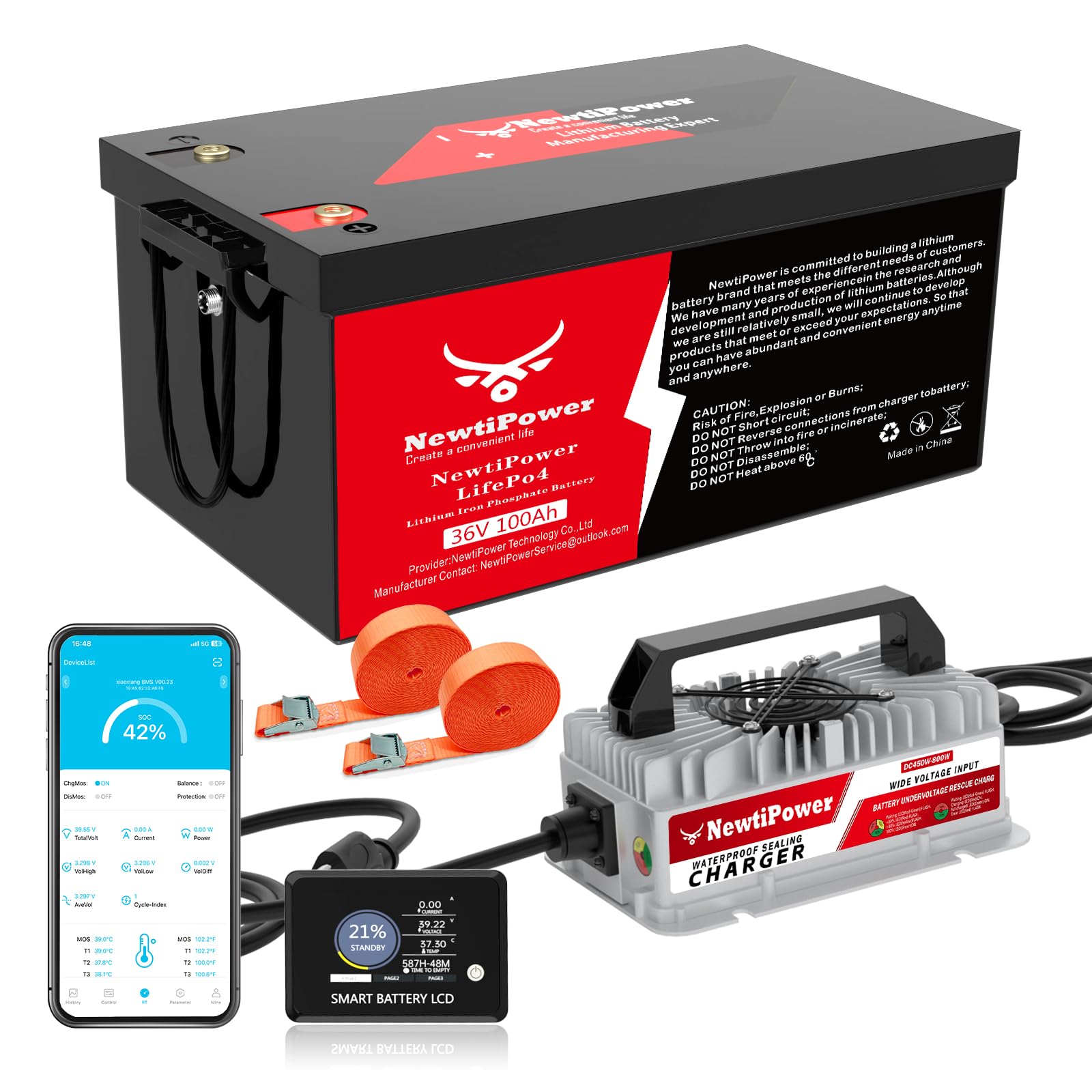 36V 100Ah Golf Cart LiFePO4 Battery with APP&Chager&Monitor,7.6KW Continuous Power Lithium Battery with 200A BMS, Up to 10000+ Rechargeable Cycles, Perfect for golf cart