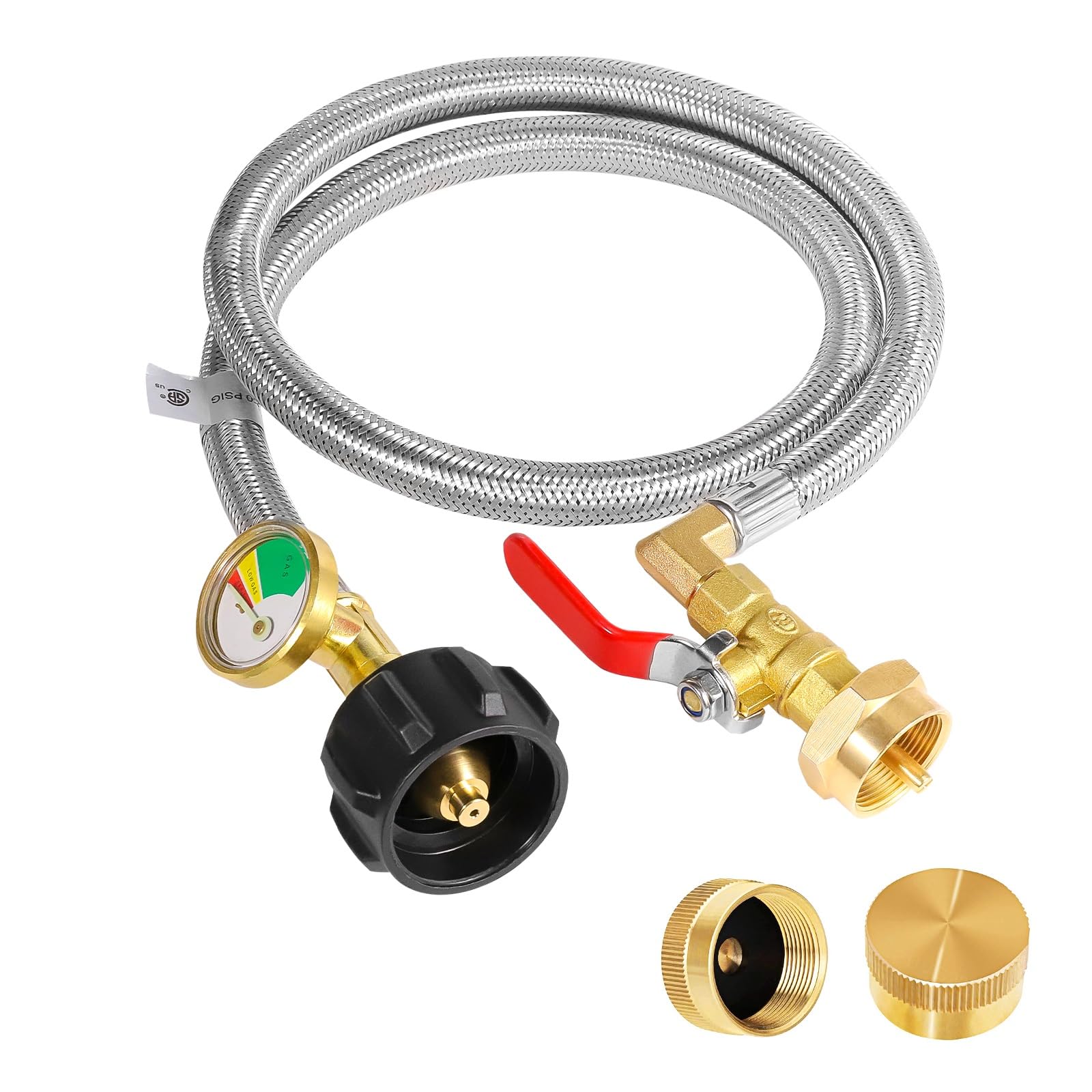 Propane Tank Adapter for 1 lb. Tanks,Upgrade 3 FT/36inch Propane Tank Refill Adapter Stainless Steel Hose with Gauge and ON-Off Control Valve, Fits QCC1 / Type 1 Propane Tank, 2 Caps Included