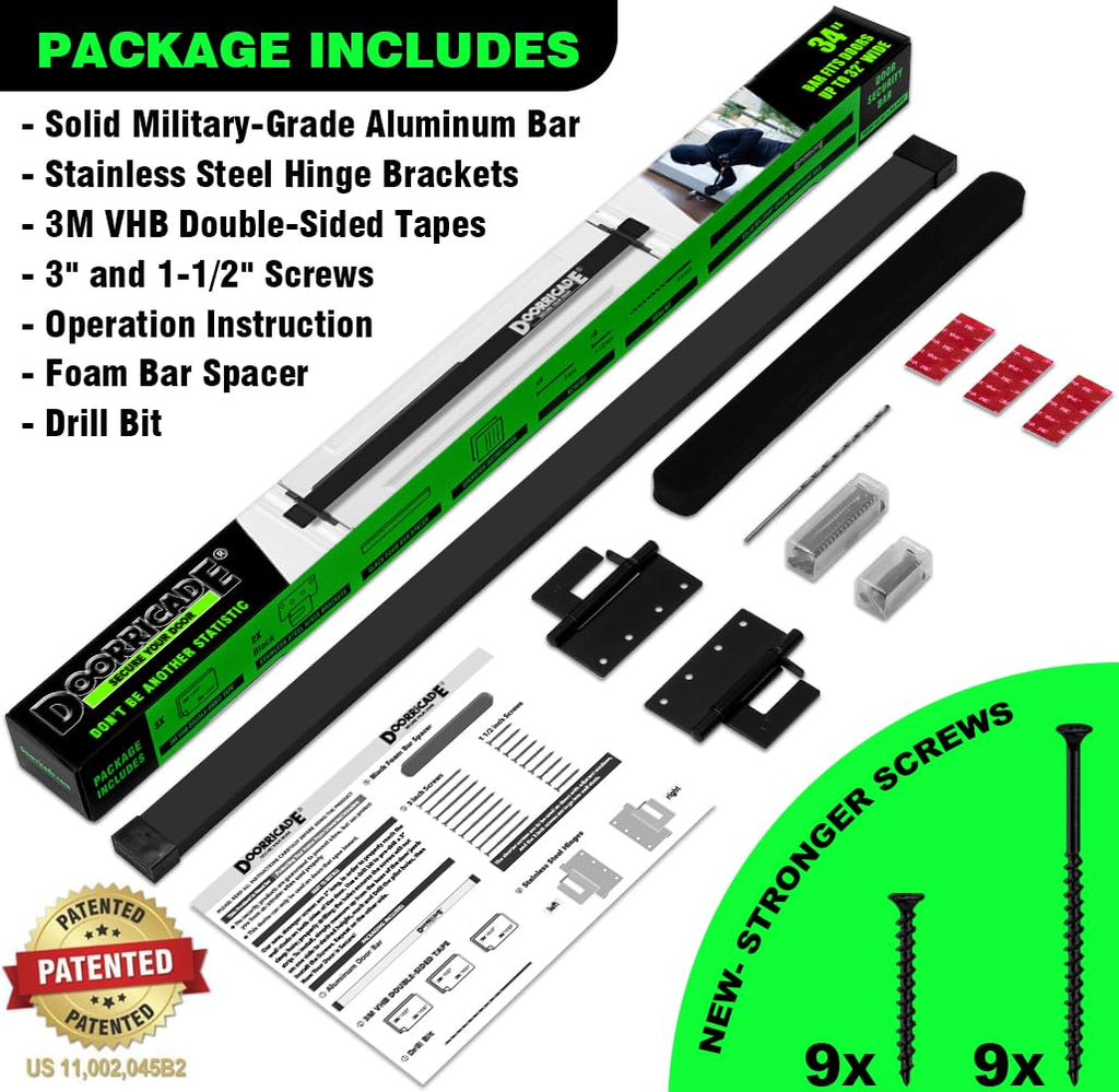 Door Security Bar-by Doorricade-Secure The Entire Width of Your Inward Opening Front Door-Safe Room. Fits Doors up to 32" Wide-Black Edition.