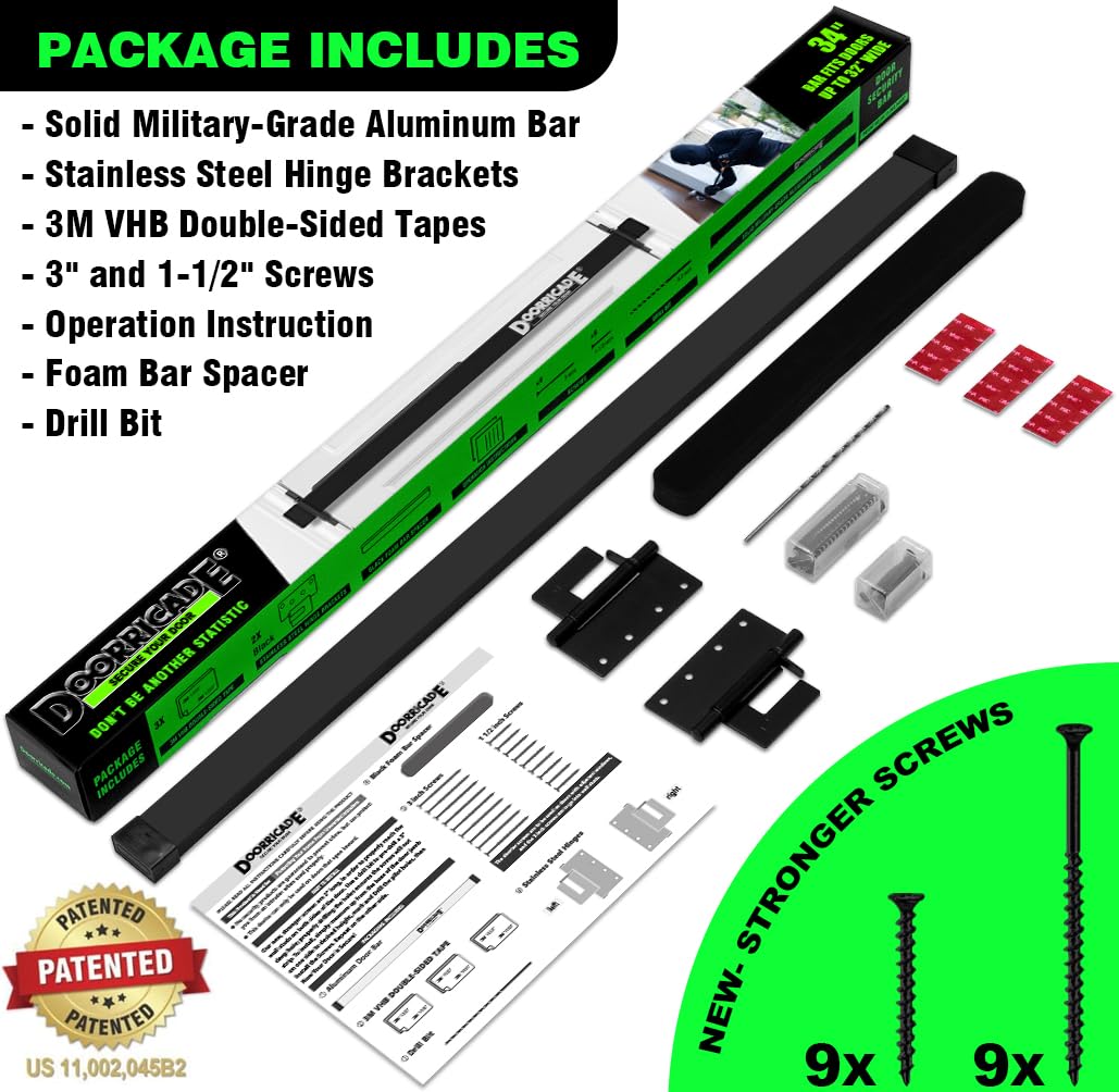 Door Security Bar-by Doorricade-Secure The Entire Width of Your Inward Opening Front Door-Safe Room. Fits Doors up to 32" Wide-Black Edition.