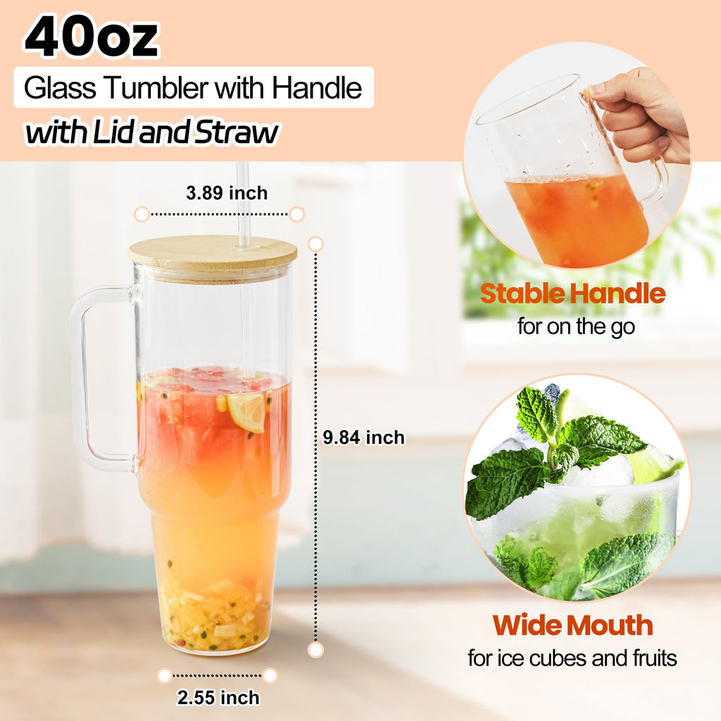 40 oz Glass Tumbler with Handle 12 Pack Glass Tumbler with Straw and Lid Clear Reusable Iced Coffee Cup, Fits Car Cup Holder, BPA Free, for Boba Tea, Juice, Smoothie, Beer(Sublimatable)