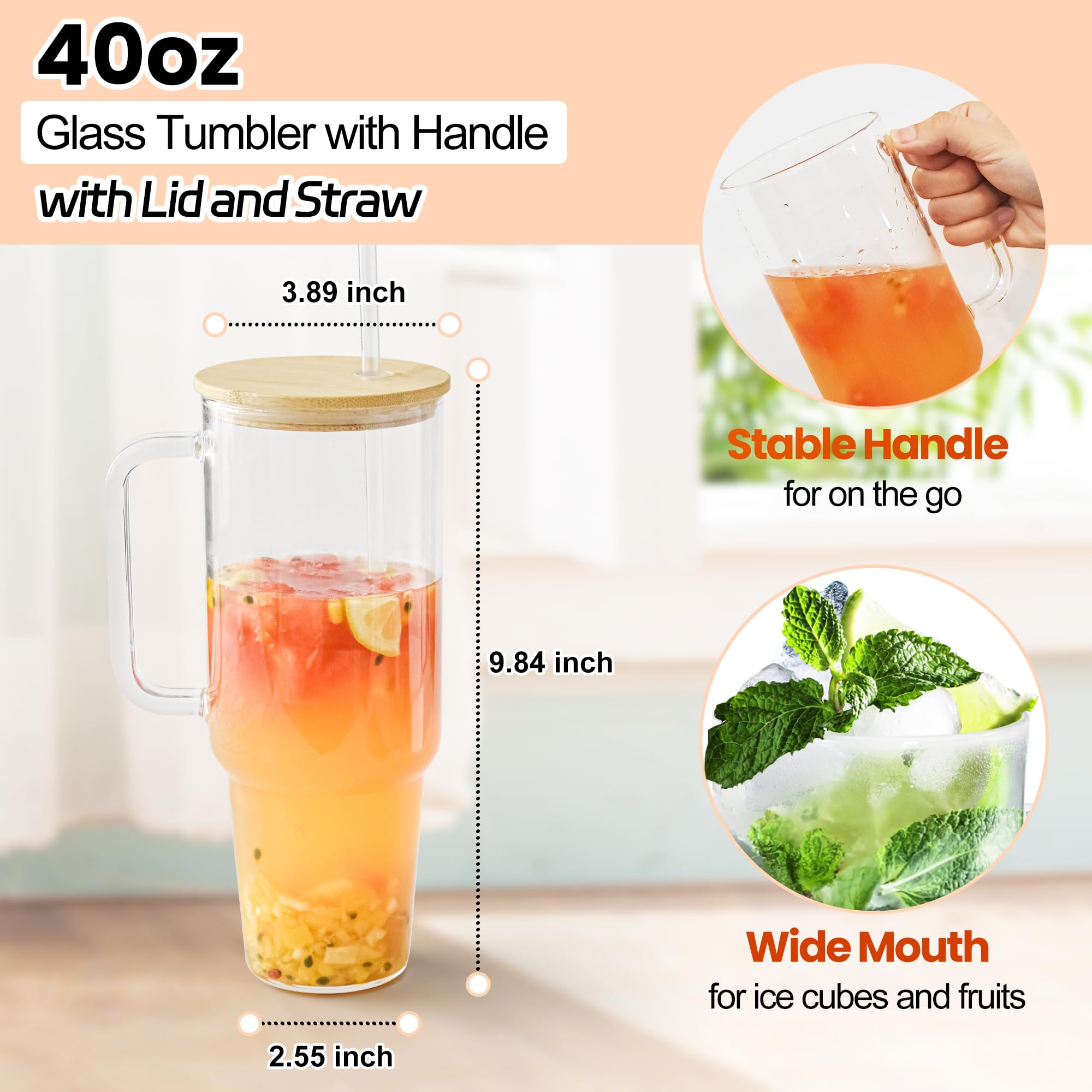 40 oz Glass Tumbler with Handle 12 Pack Glass Tumbler with Straw and Lid Clear Reusable Iced Coffee Cup, Fits Car Cup Holder, BPA Free, for Boba Tea, Juice, Smoothie, Beer(Sublimatable)