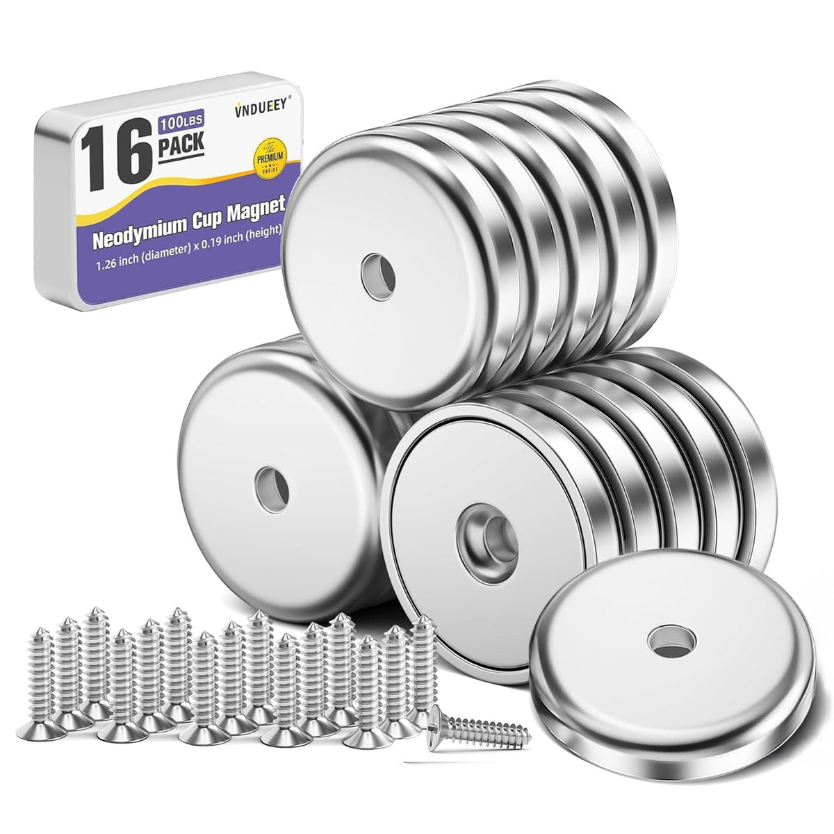 VNDUEEY Magnets with Holes, Strong Rare Earth Magnets, 8 Pack 40LBS Neodymium Cup Magnet with Stainless Screws for Wall Mounting, Round Base Disc Magnet for Kitchen, Office, Workplace, DIY Craft