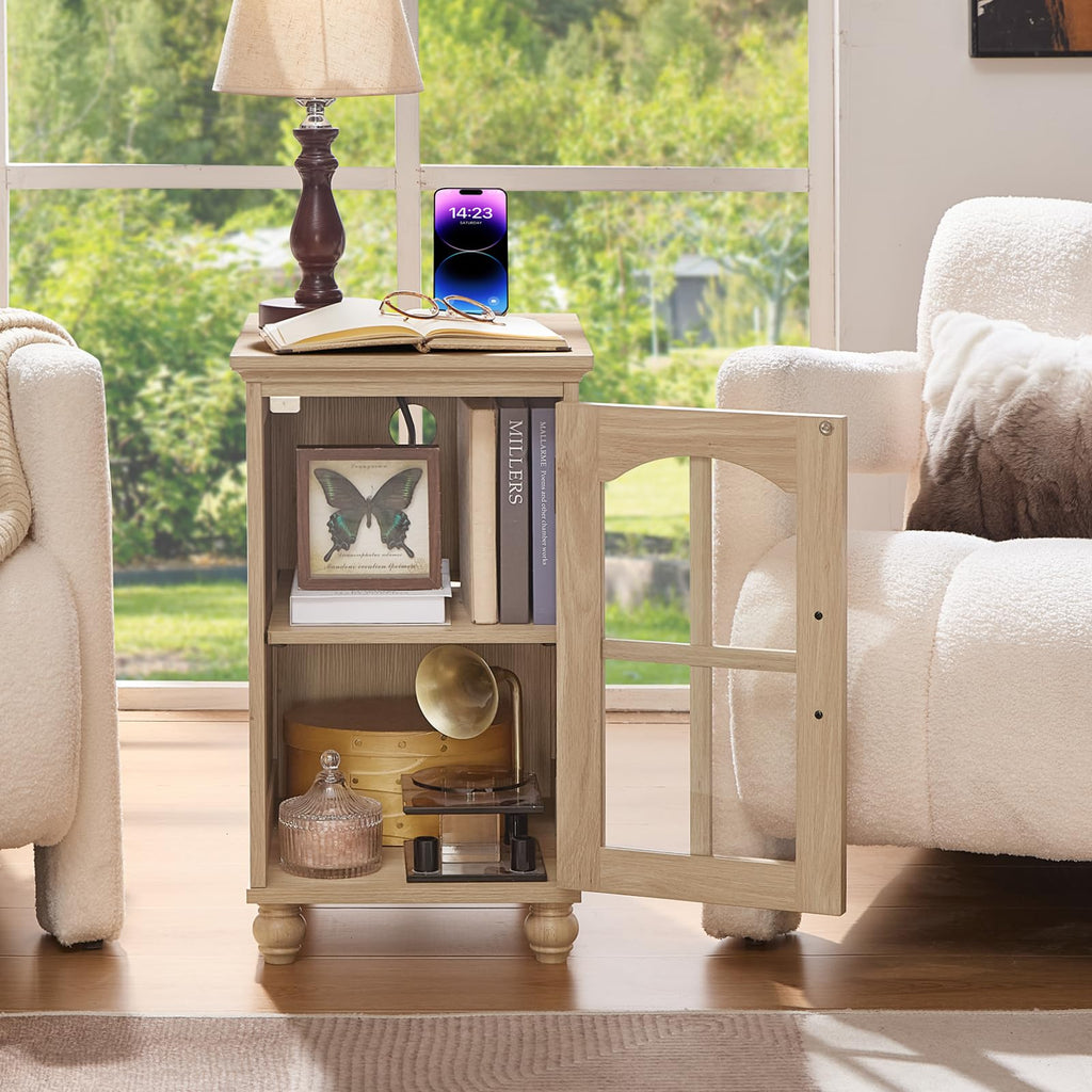 Narrow Side Table,Farmhouse Nightstand with Charging Station,Wood End Table with Glass Barn Door Storage, Cabinet Organizer with Adjustable Shelf, Night Stand for Small Spaces for Living Room Bedroom