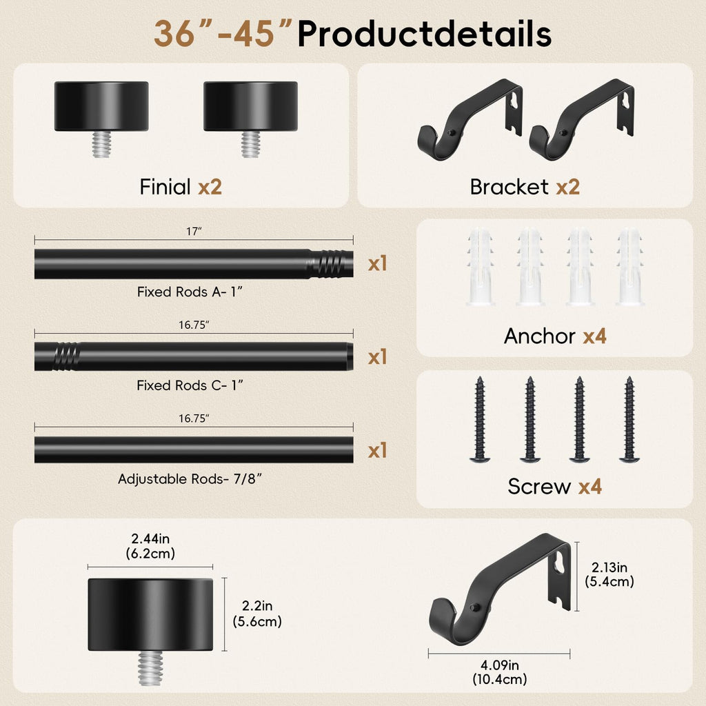 OLV Black Curtain Rod 36 to 45 Inch, 1 Inch Adjustable Modern Curtain Rods for Windows, Decorative Heavy Duty Window Treatment Rods with End Cap Finials, Telescopic Splicing Drapery Pole, Easy Install