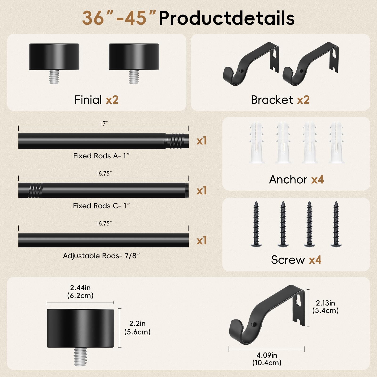 OLV Black Curtain Rod 36 to 45 Inch, 1 Inch Adjustable Modern Curtain Rods for Windows, Decorative Heavy Duty Window Treatment Rods with End Cap Finials, Telescopic Splicing Drapery Pole, Easy Install