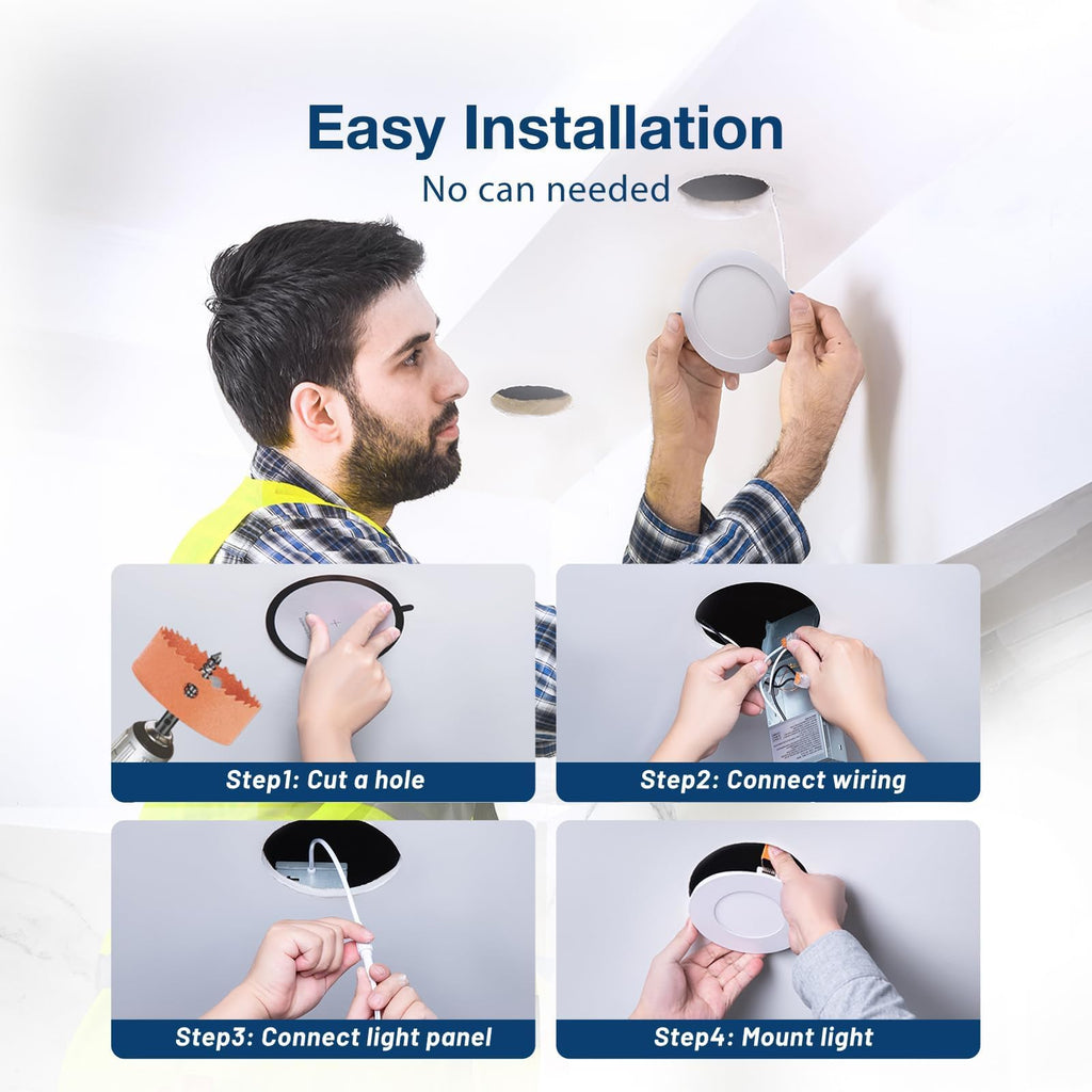 Amico 6 Pack 3 Inch 5CCT Ultra-Thin LED Recessed Ceiling Light with Junction Box, 2700K/3000K/3500K/4000K/5000K Selectable, 7W Eqv 60W 500LM Brightness Dimmable Canless Wafer Downlight, ETL