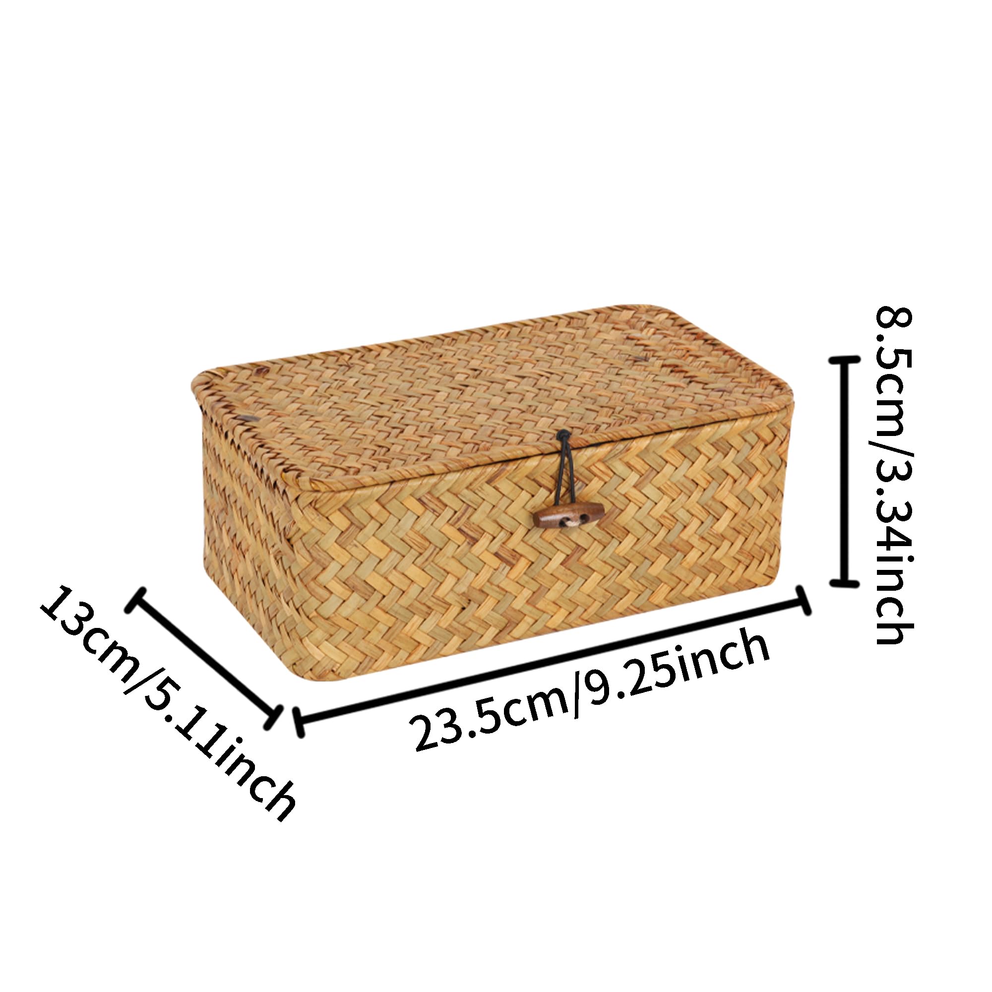 FEIALNDUO Wicker Shelf Baskets with Lid,Seagrass Storage Basket Bins Rectangular Handwoven Basket Boxes for Shelves Desktop Home Organizer (Coffee, X-Small)