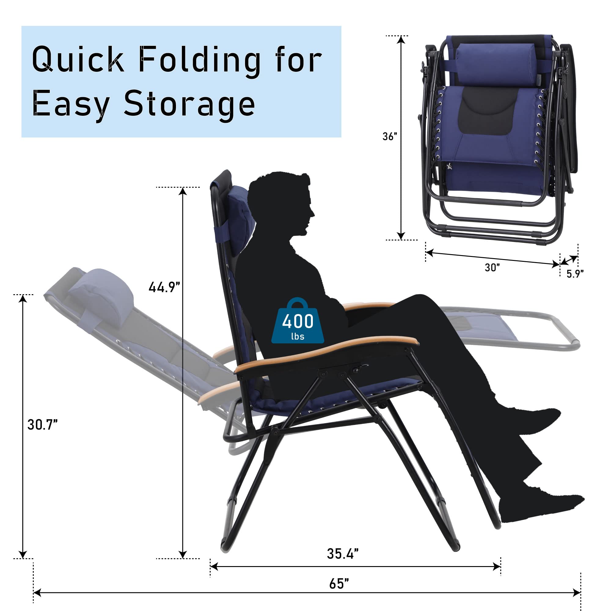 PHI VILLA XXL Oversized Padded Zero Gravity Chair Set of 2, Foldable Patio Recliner, 30" Wide Seat Anti Gravity Lounger with Armrest and Cup Holder, Support 400 LBS (Aqua Blue)