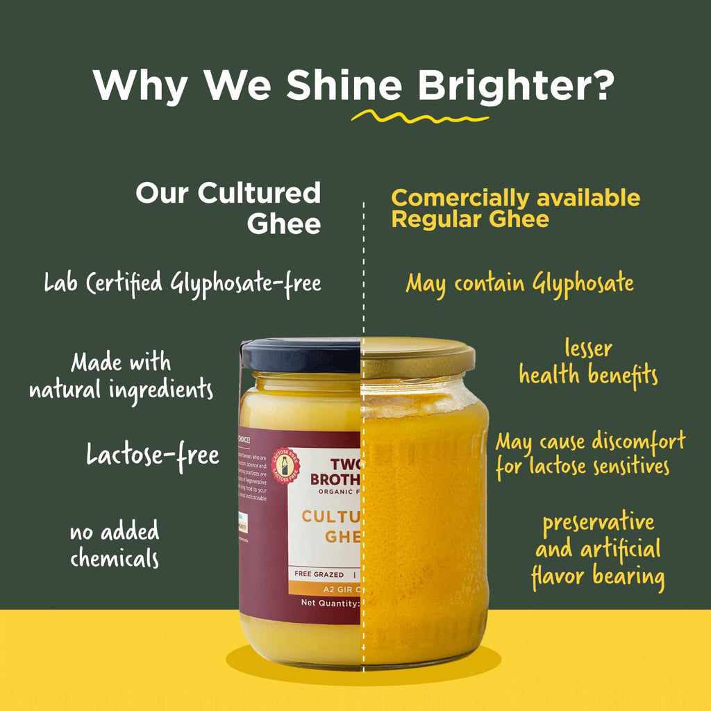 Grass Fed A2 Cultured Ghee | Gir Cow Ghee | Clarified Butter | Cultured Desi Ghee,Non-GMO, Lactose-Free, Keto Friendly - Two Brothers Organic Farms (16 fl oz (500 ml) Plastic)