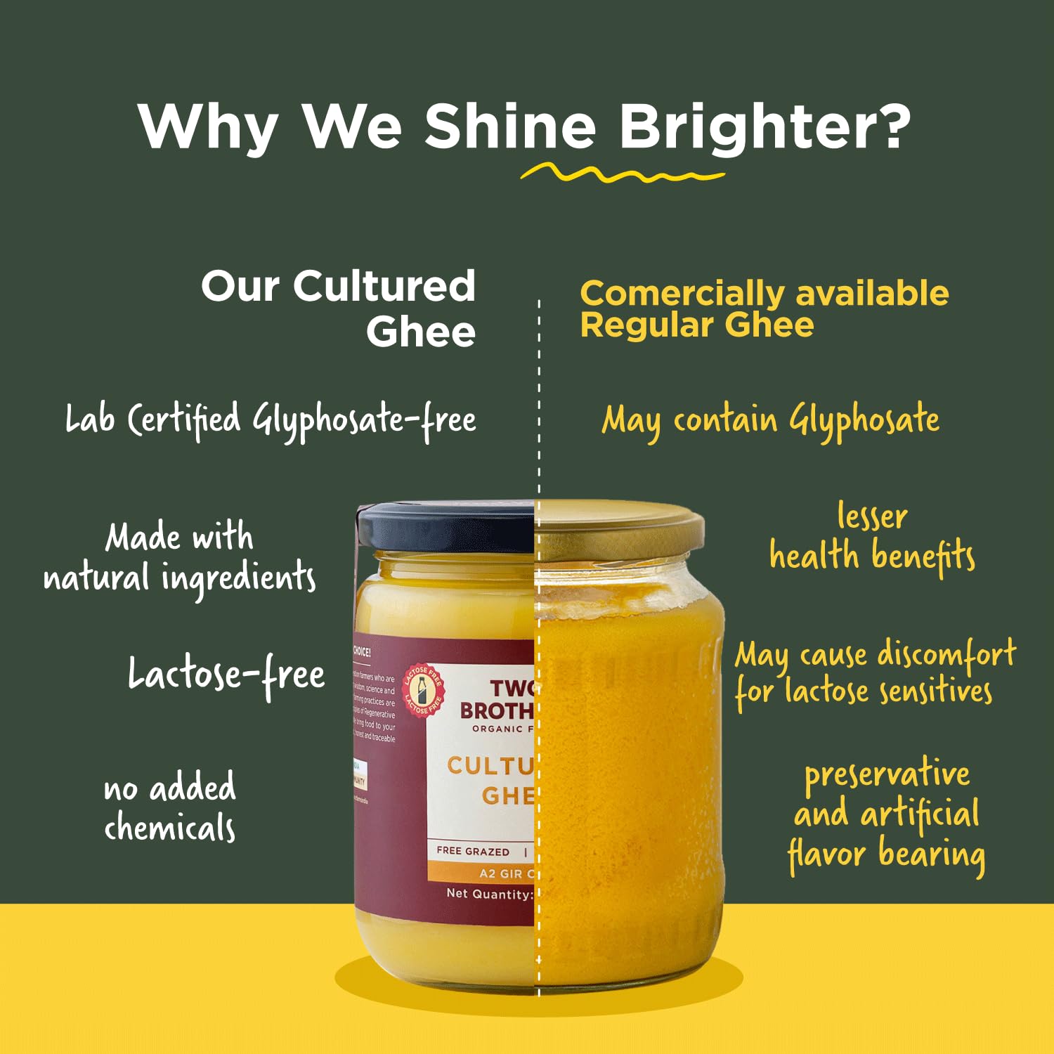 Grass Fed A2 Cultured Ghee | Gir Cow Ghee | Clarified Butter | Cultured Desi Ghee,Non-GMO, Lactose-Free, Keto Friendly - Two Brothers Organic Farms (16 fl oz (500 ml) Plastic)