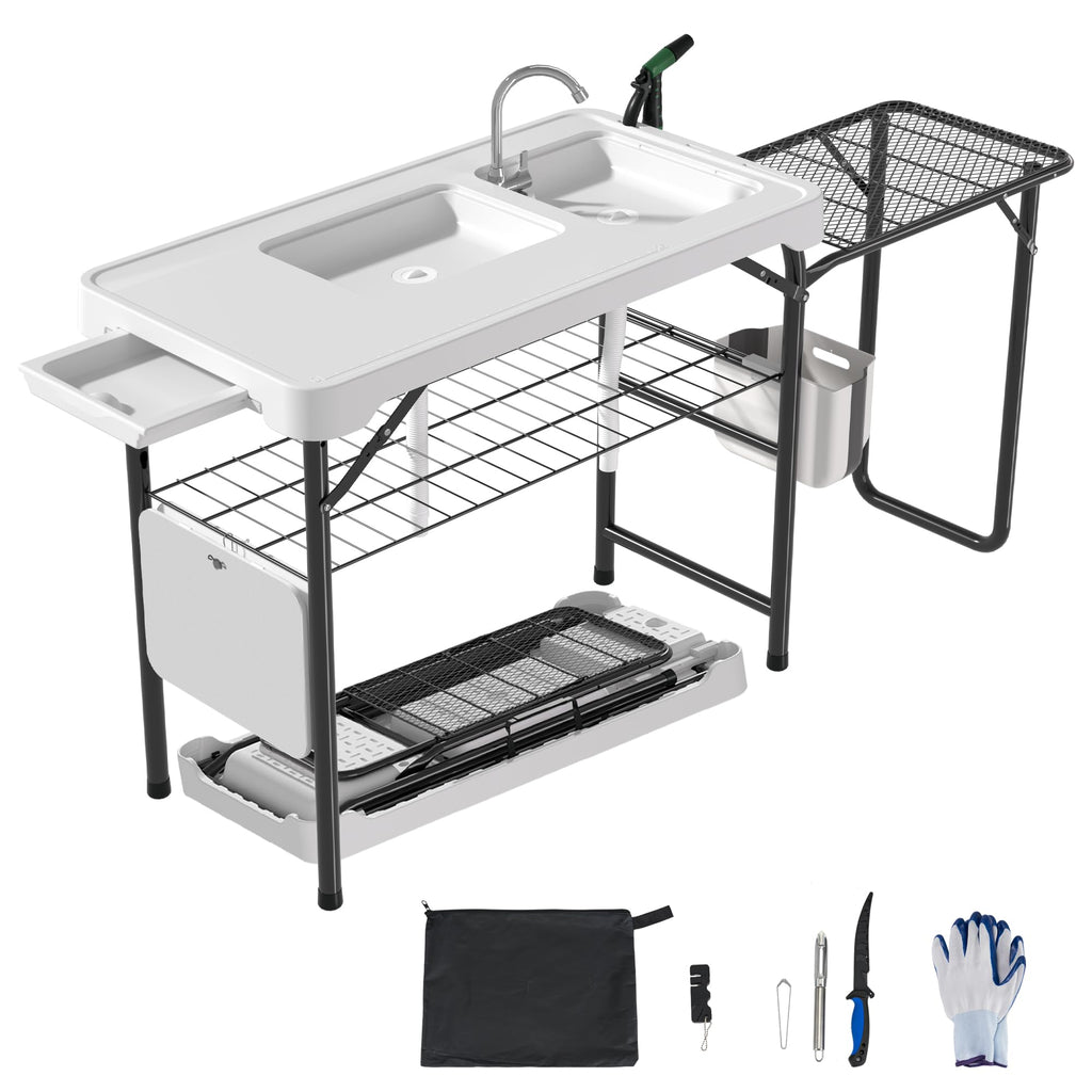 Dragosum Fish Cleaning Table, Portable Folding Camping Table with Folding Grill Extension Board, Fish Cleaning Station with Dual Sinks, Hose Hook Up