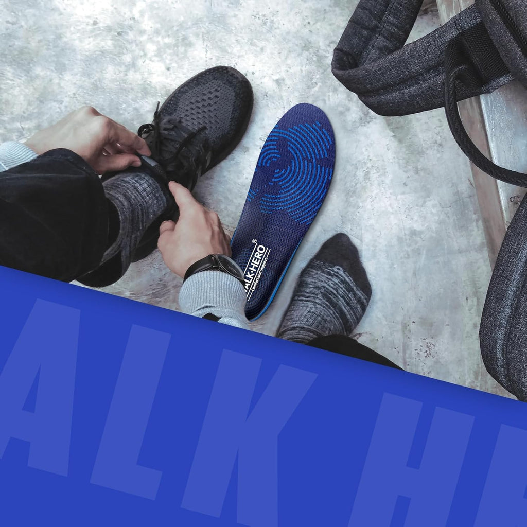 WalkHero Plantar Fasciitis Insoles - Medium Arch Support Inserts for Men & Women with Comfort Cushion | Orthotic Inserts to Relieve Foot Pain and Provide Shock Absorption (Blue) Mens 4-4 1/2