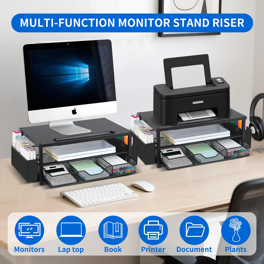 AUPSEN 2 Tier Computer Monitor Stands with Drawer and 2 Pencil Holder, Metal Monitor Stand Monitor riser, Computer Desk Organizer and Accessories for Laptop, Computer, Printer, Office Supplies(Black)