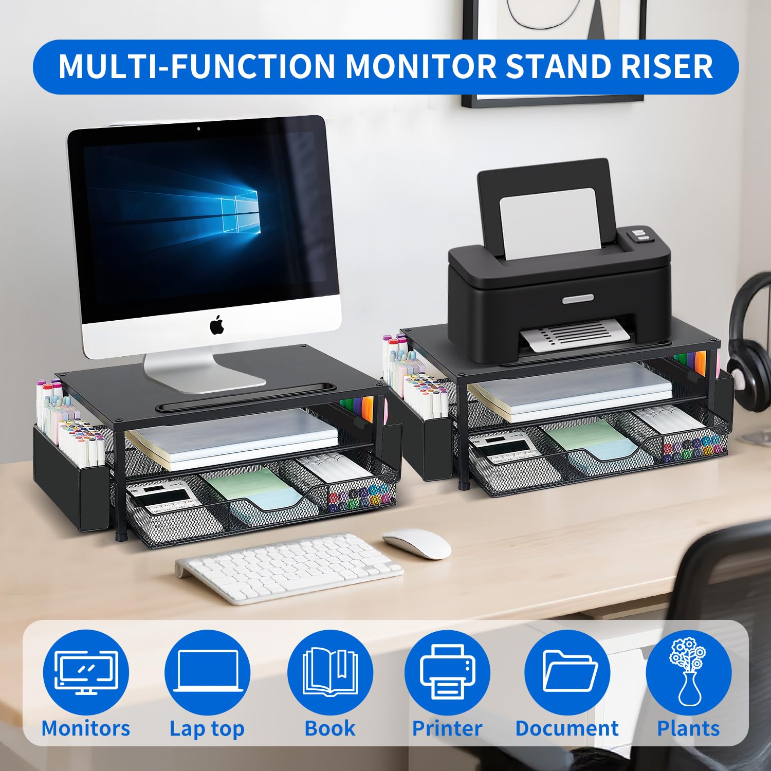 AUPSEN 2 Tier Computer Monitor Stands with Drawer and 2 Pencil Holder, Metal Monitor Stand Monitor riser, Computer Desk Organizer and Accessories for Laptop, Computer, Printer, Office Supplies(Black)