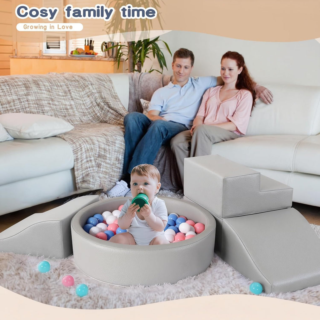 Foam Climbing Blocks for Toddler: with 4-Piece PU Leather Climbing Toys and a Ball Pit - Foam Ball Pit for Toddlers - Climbing Toys Indoor for Kids Crawling (Beige/Ivory Climbing Blocks)