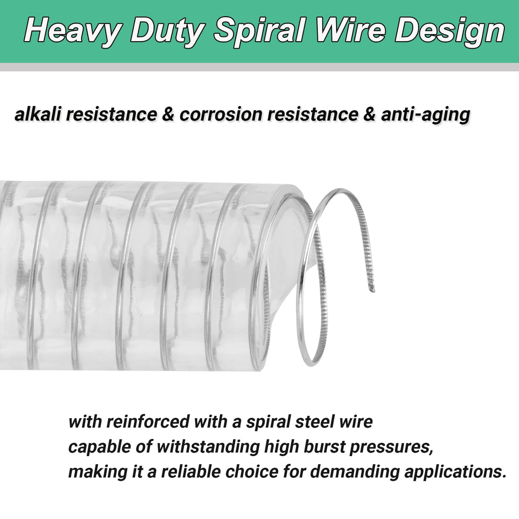 1"id-5ft PVC Reinforced Tubing Steel Wire Suction Flexible Hose Vinyl Tubing Heavy Duty PVC Vacuum Hose Drain Fuel Oil Gas Water for Marine Bilge Pump Pond Spa