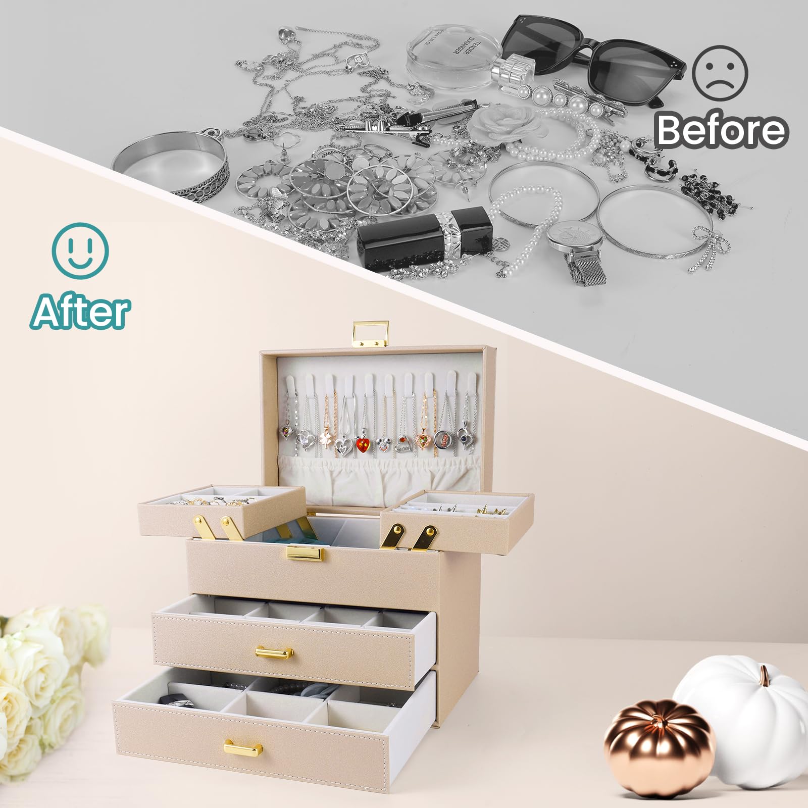 Dajasan Jewelry Organizer Box, Large Jewelry Boxes for Women Girls, Space-Saving 4 Layers Jewelry Storage Case with Drawer, Movable Metal Stand, Modern, Gift Idea (Green)
