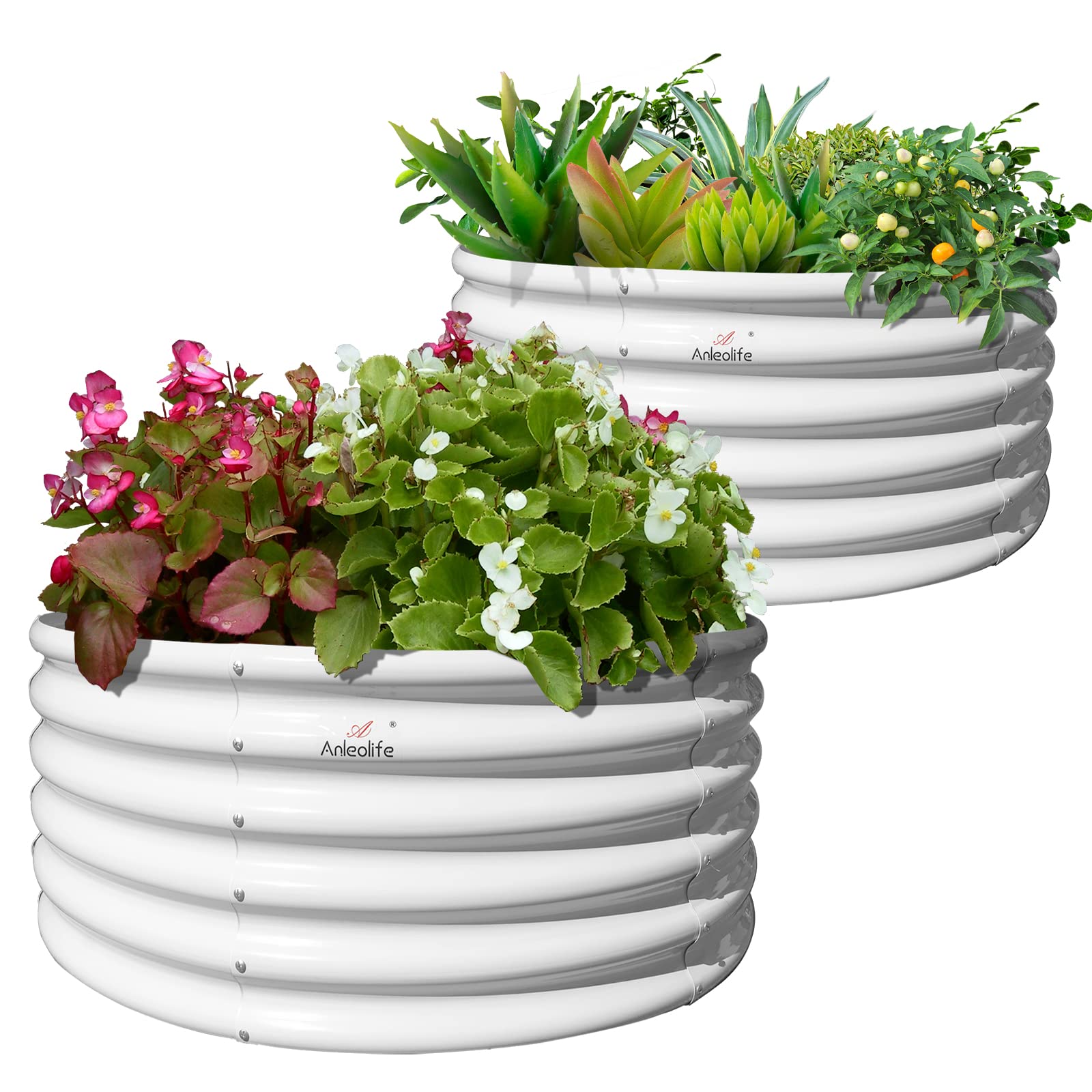 A ANLEOLIFE 2-Pack 3ft x 24” Tall Galvanized Raised Garden Beds Outdoor, Round Metal Planter Box for Planting Vegetables Flowers Herb, Anti-Rust & Easy-Setup, Quartz Grey