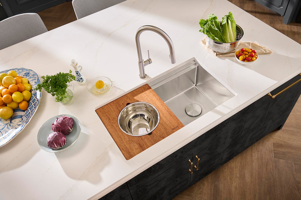 Ruvati 33-inch Workstation Kitchen Sink - Dual Tier Double Bowl Kitchen Sink - Low Divide Undermount Sinks - 16 Gauge Stainless Steel Kitchens Sinks - RVH8255