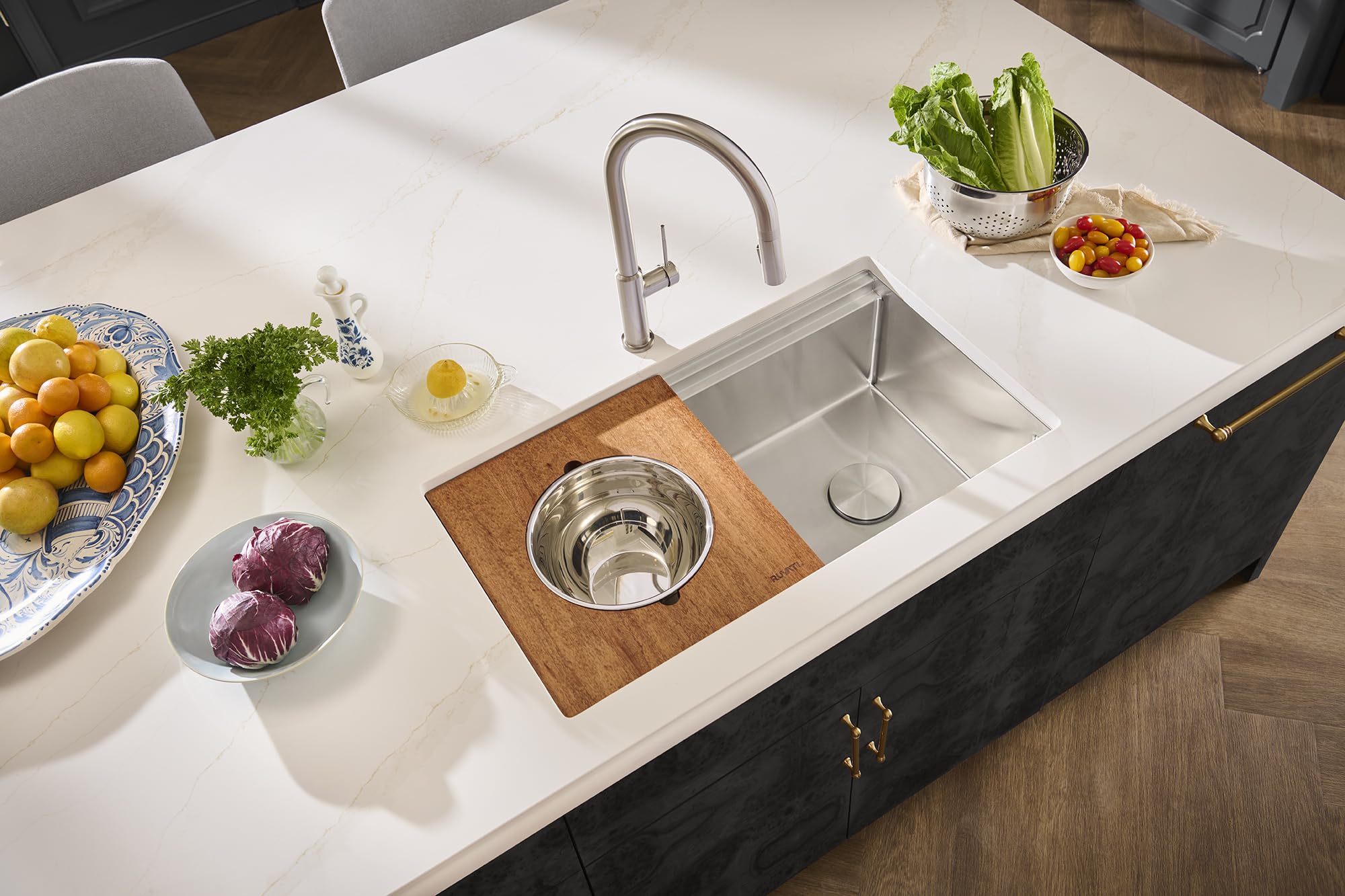 Ruvati 33-inch Workstation Kitchen Sink - Dual Tier Double Bowl Kitchen Sink - Low Divide Undermount Sinks - 16 Gauge Stainless Steel Kitchens Sinks - RVH8255