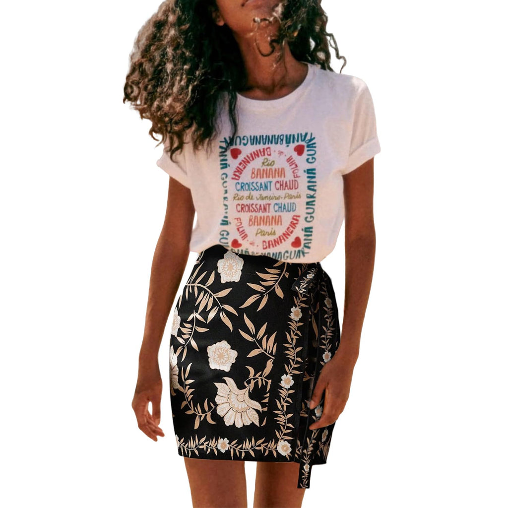Womens Summer Floral Wrap Short Skirt Tie Side High Waist A Line Beach Vacation Boho Mini Skirt