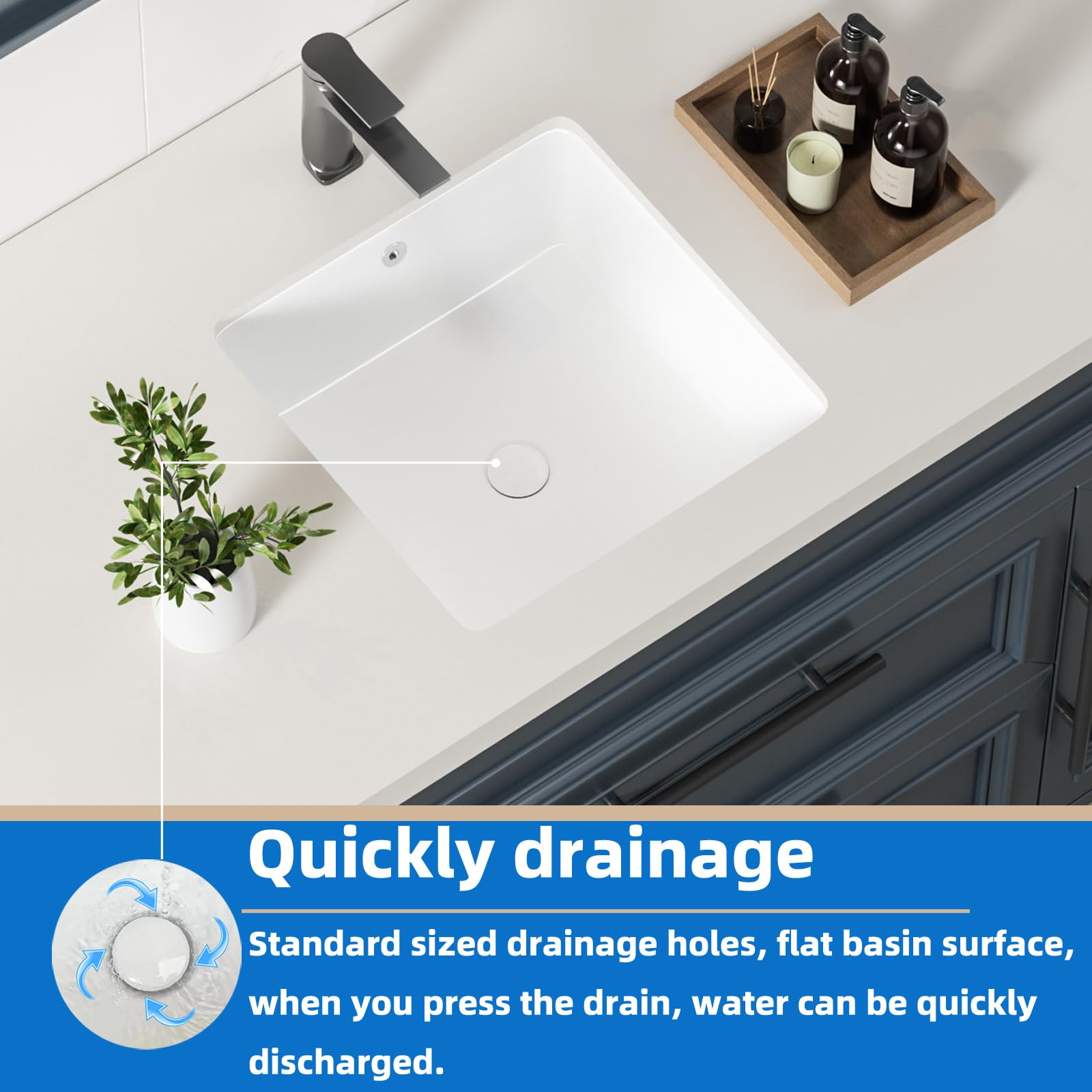 KINGWONG 14 Inch Small Square Undermount Bathroom Sink, 13.75" Ceramic White Porcelain Under Counter Basin for Vanity, Modern Rectangular Sink with Overflow Hole, Easy to Clean, Interior 11.5" x 11.5"
