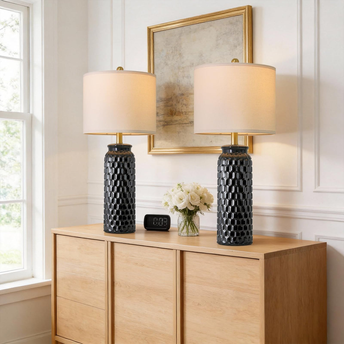 USumkky 20.5" Gold Modern Ceramic Bedside Lamp Set of 2 for Bedroom Decor Farmhouse Table Lamp for Living Room Office Dorm