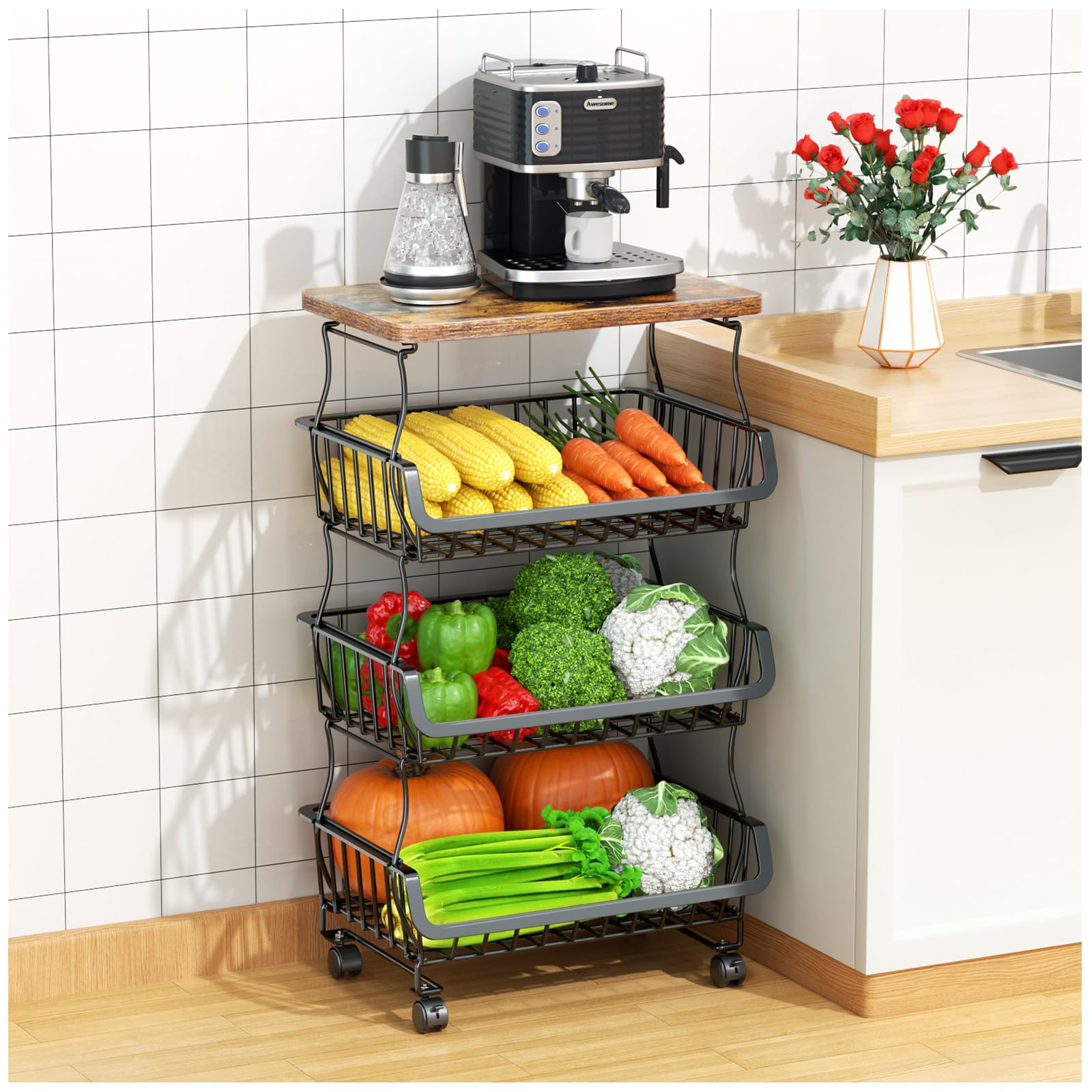 Gsiekare Fruit Vegetable Basket for Kitchen, 4 Tier Stackable Fruit Vegetable Storage Baskets with Wheels, Metal Wire Storage Basket Organizer Baskets for Kitchen, Pantry, Bathroom