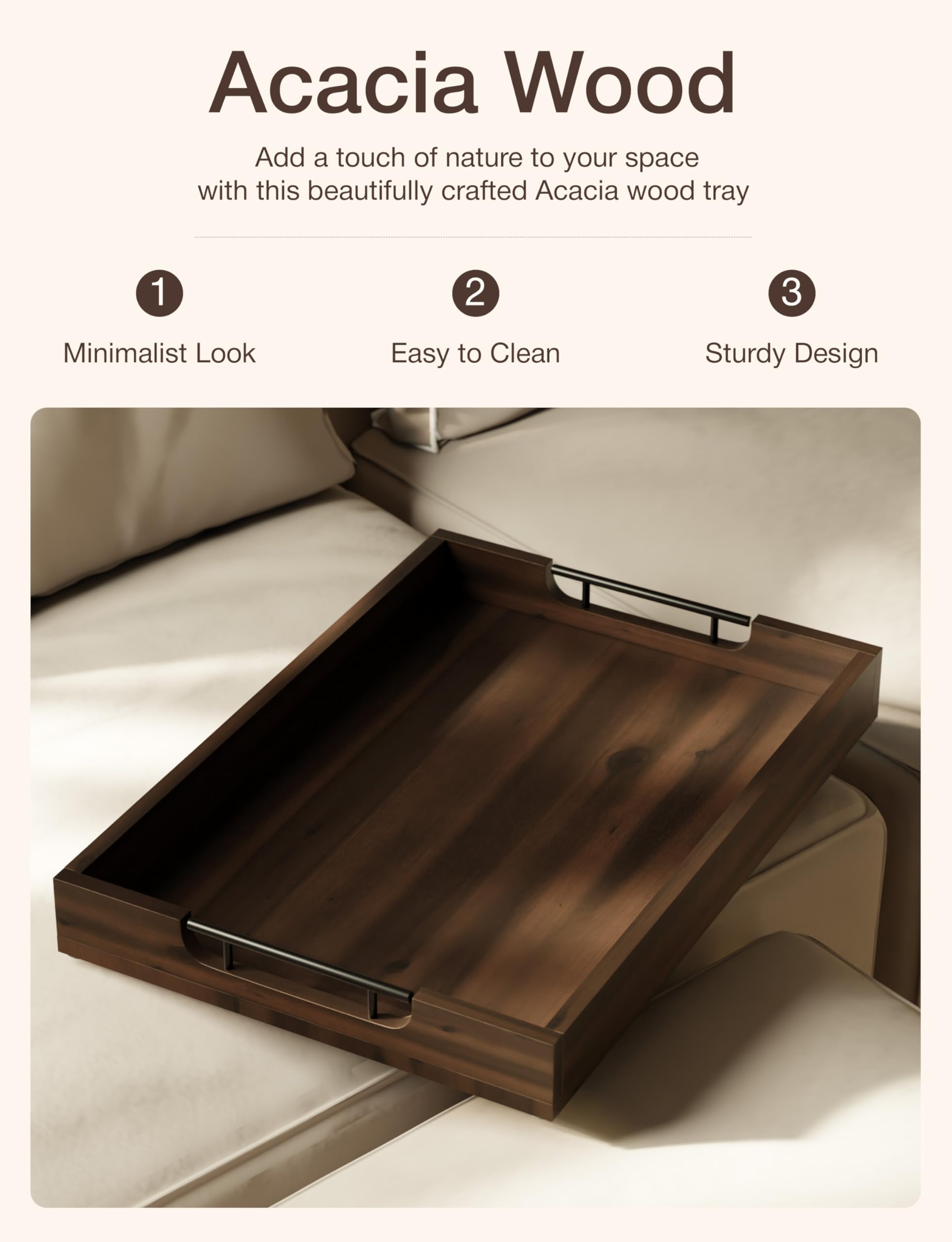 TIDITA 20 x 14 Inch Large Ottoman Tray for Living Room – Large Wooden Tray for Ottoman , Decorative Serving Tray with Handles, for Coffee Table, Kitchen Counter & Home Decor