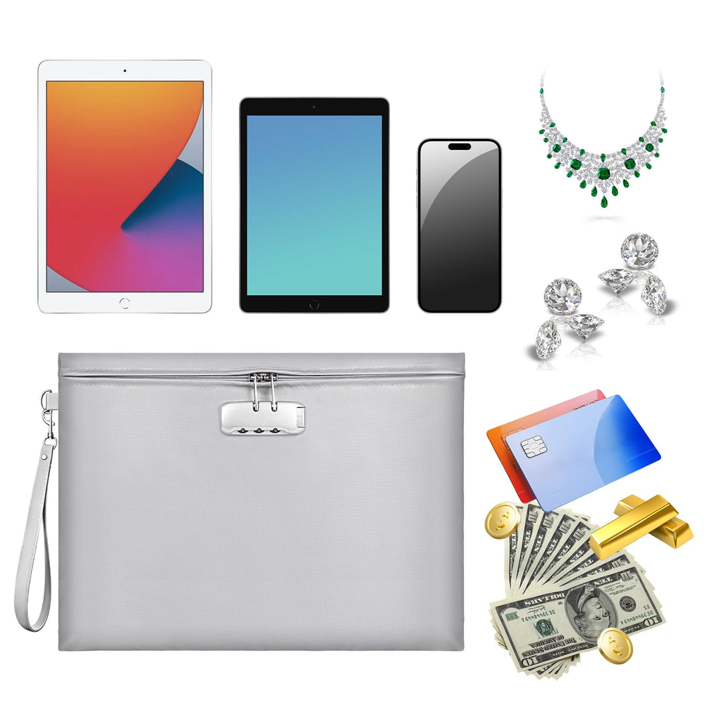 Fireproof Money Bag with Lock, 11.2"x7.6" Fireproof Cash Bag with Zipper Closure, Storage Pouch for A5 Size Document, Cheque, Cash, Cell Phone, Tablet, Credit Card, Passport, Jewelry (Black)