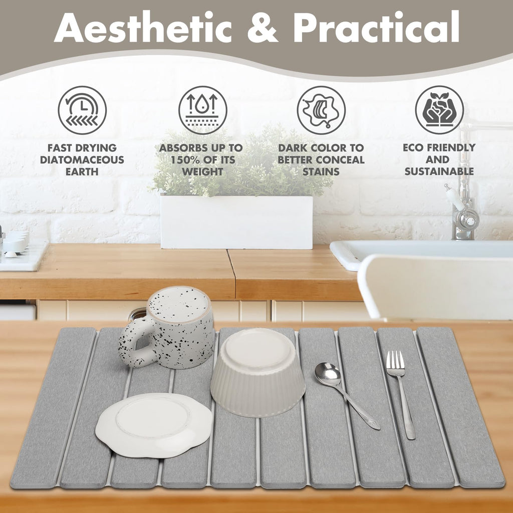 Stone Dish Drying Mat for Kitchen Counter, Eco-friendly, Instant Drying Pad,Diatomaceous Earth Water Absorbing Mat, Foldable and Super Absorbent Dish Drying Stone Mat, 16"×12", Dark Gray