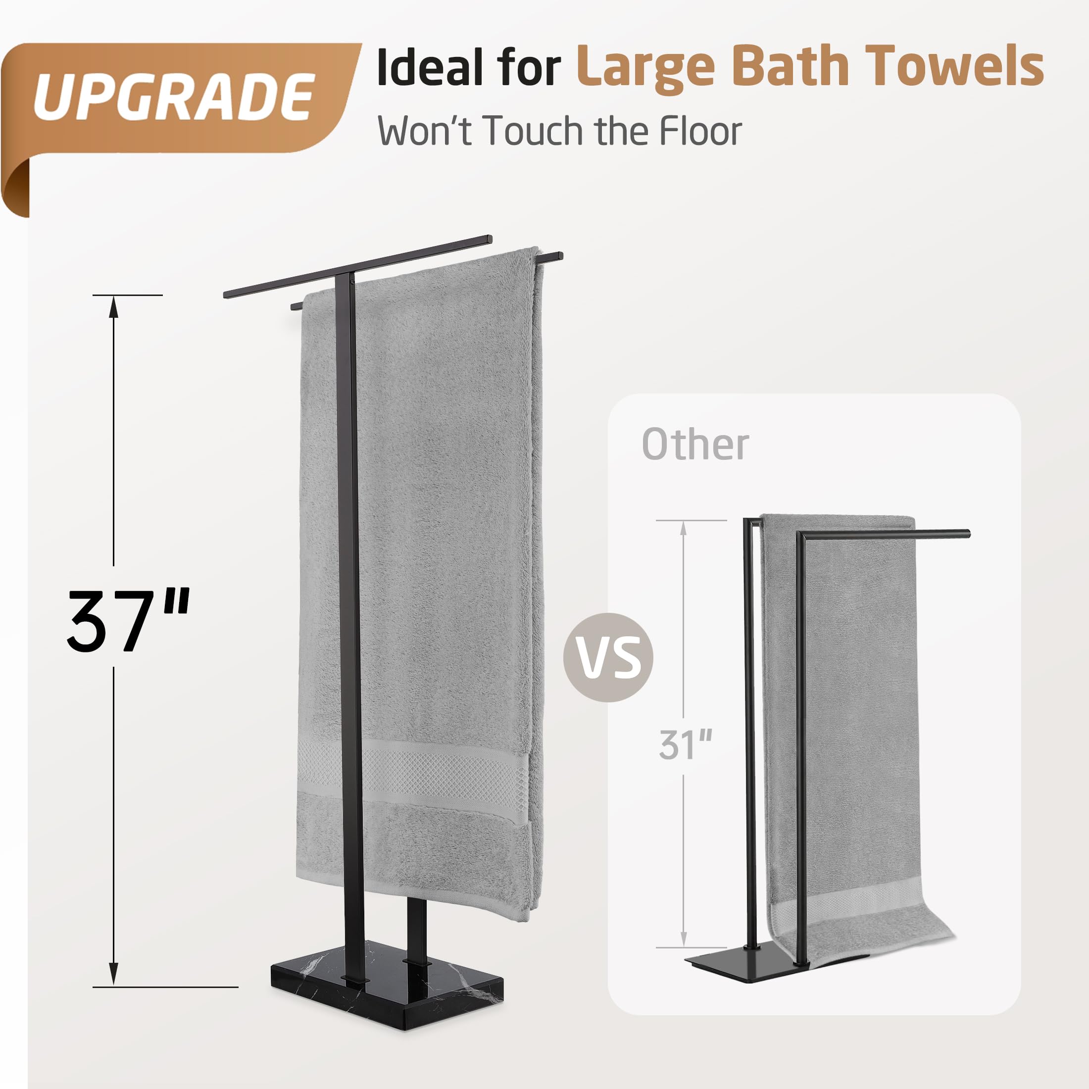 KES Standing Towel Rack with Black Natural Marble Base, 2-Tier Towel Rack Stand for Bathroom Floor, Bath Towel Holder Fits Bath Towel & Hand Towel,18/8 Stainless Steel, BTH217-BBK
